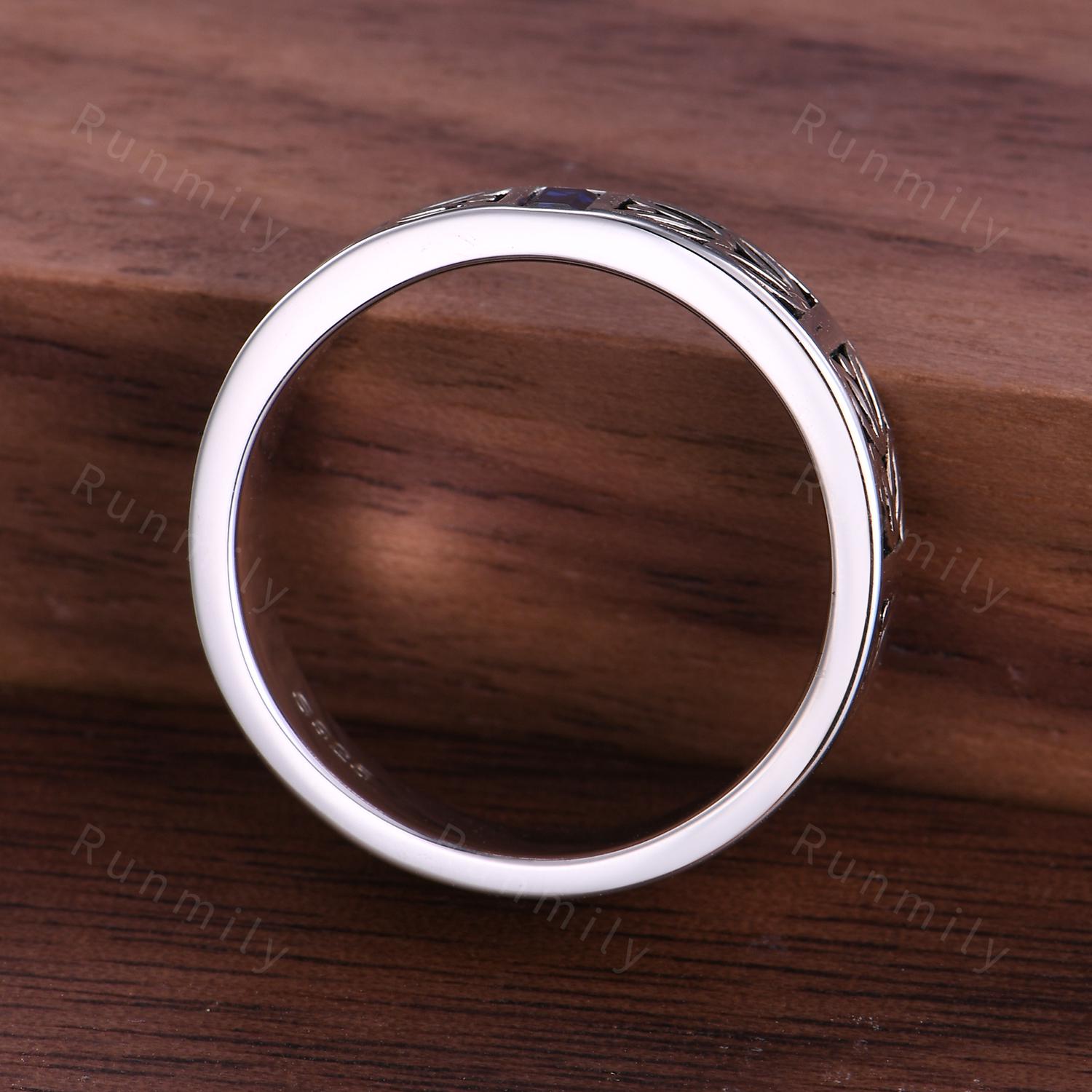 Mens Blue Sapphire Wedding Band Baguette Cut Mens Art Deco Leaf Design Wedding Band 5mm Silver Black Ring Unique His Promise Ring