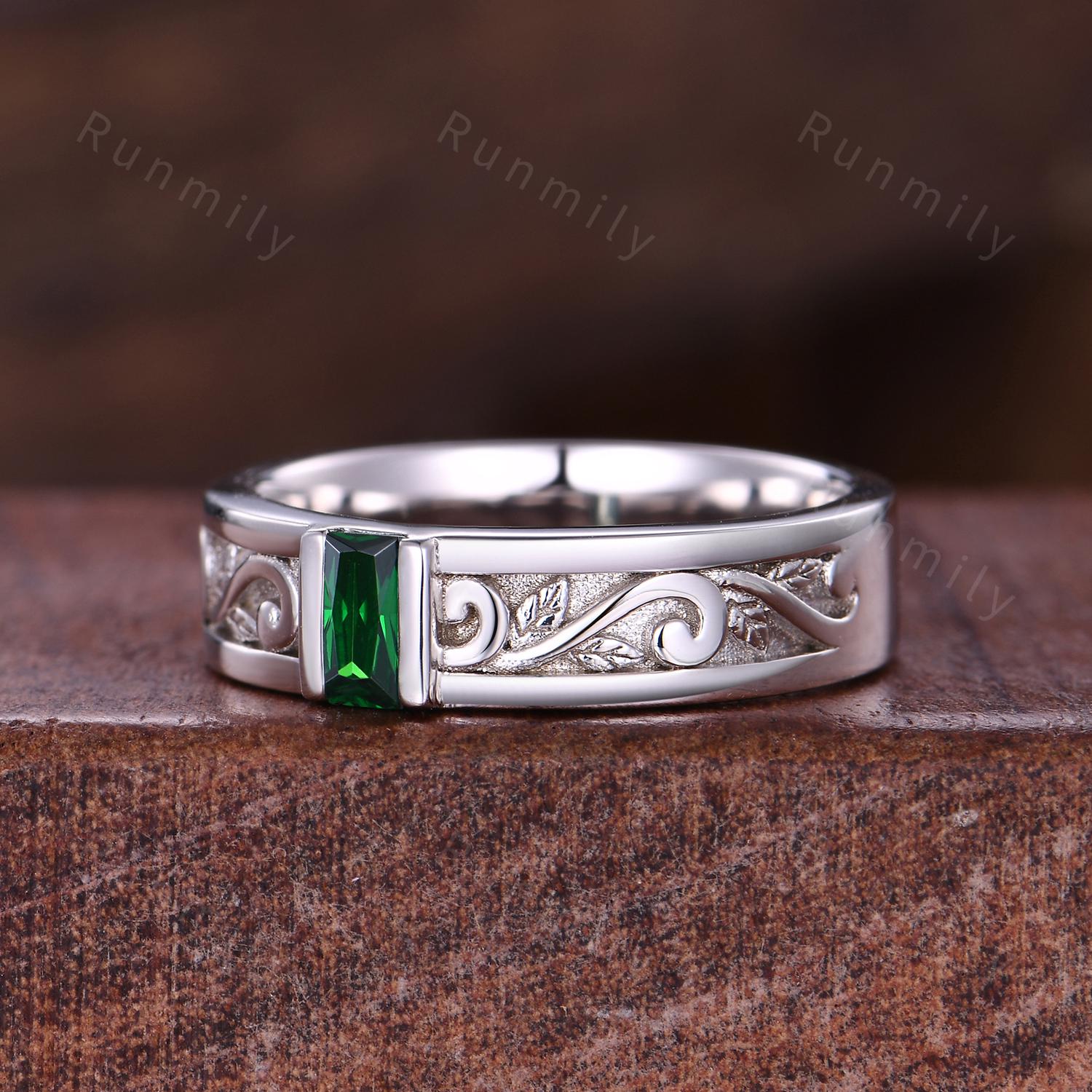 Mens Baguette Green Emerald Wedding Band Unique White Gold Wedding Band 5mm Mens Promise Ring Mens Stacking Matching Band Gift For Husband