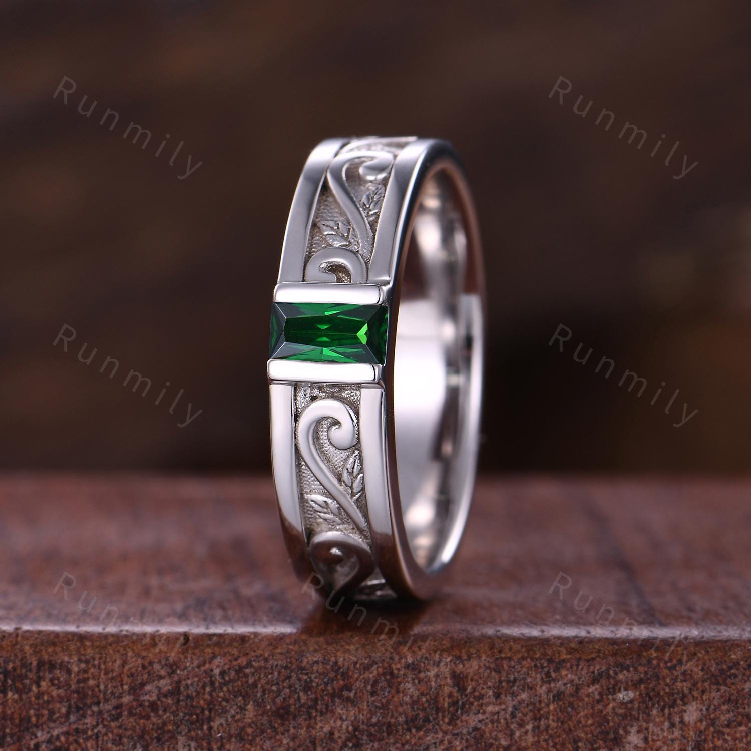 Mens Baguette Green Emerald Wedding Band Unique White Gold Wedding Band 5mm Mens Promise Ring Mens Stacking Matching Band Gift For Husband