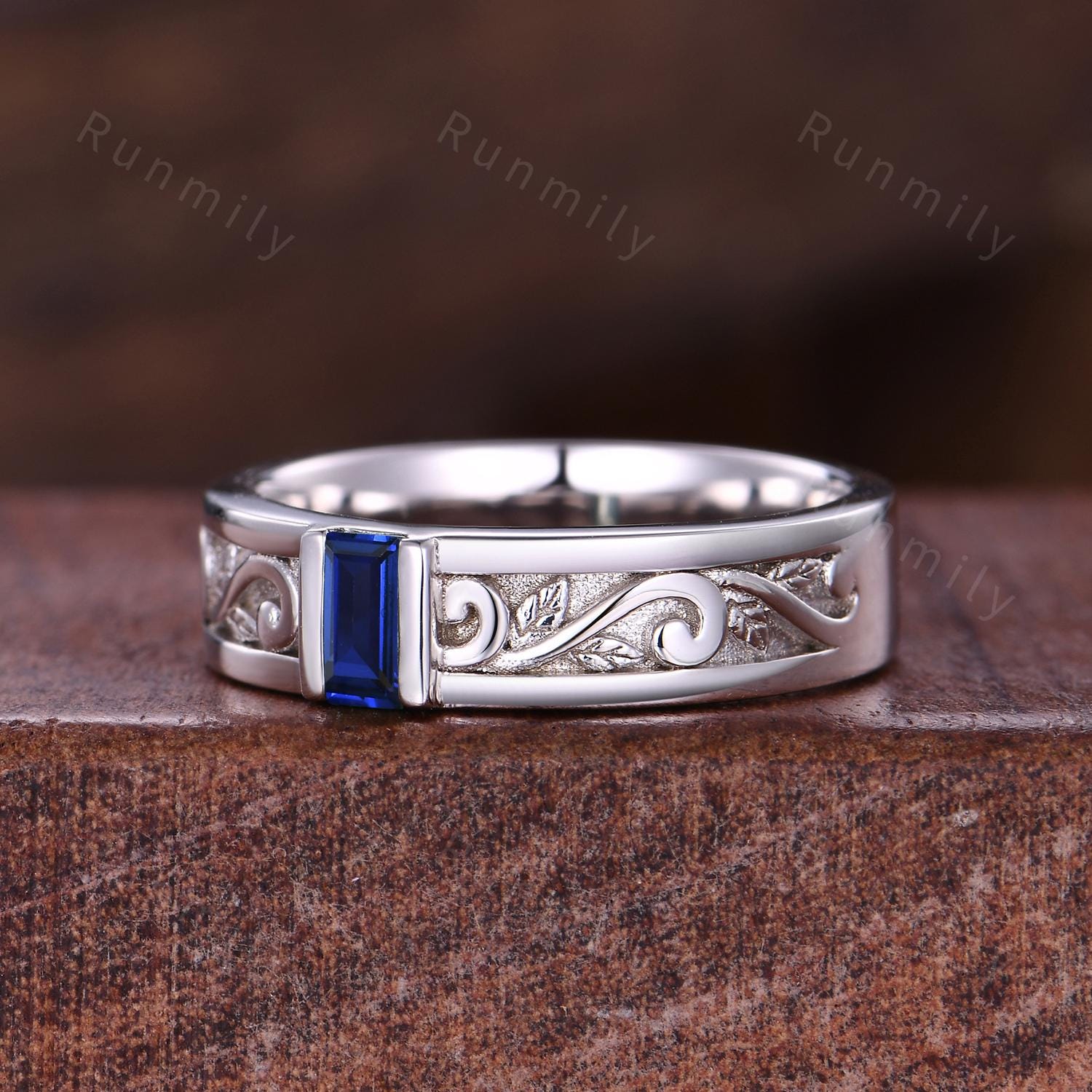 Blue Sapphire Mens Engagement Ring Unique Baguette Cut Wedding Band Mens Sapphire Promise Ring Mens Stacking Matching Band Gift For Husband