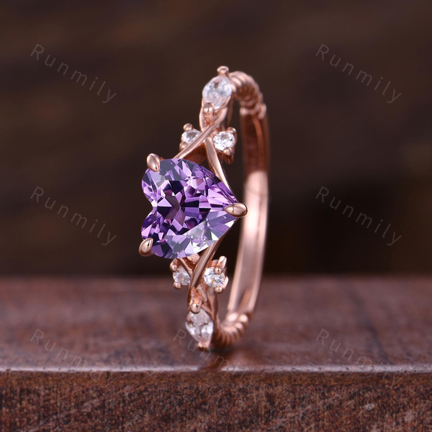 Vintage Amethyst Engagement Ring Rose Gold Heart Shaped Bridal Ring Unique Moissanite Twisted Band Ring Romantic Gift For Her