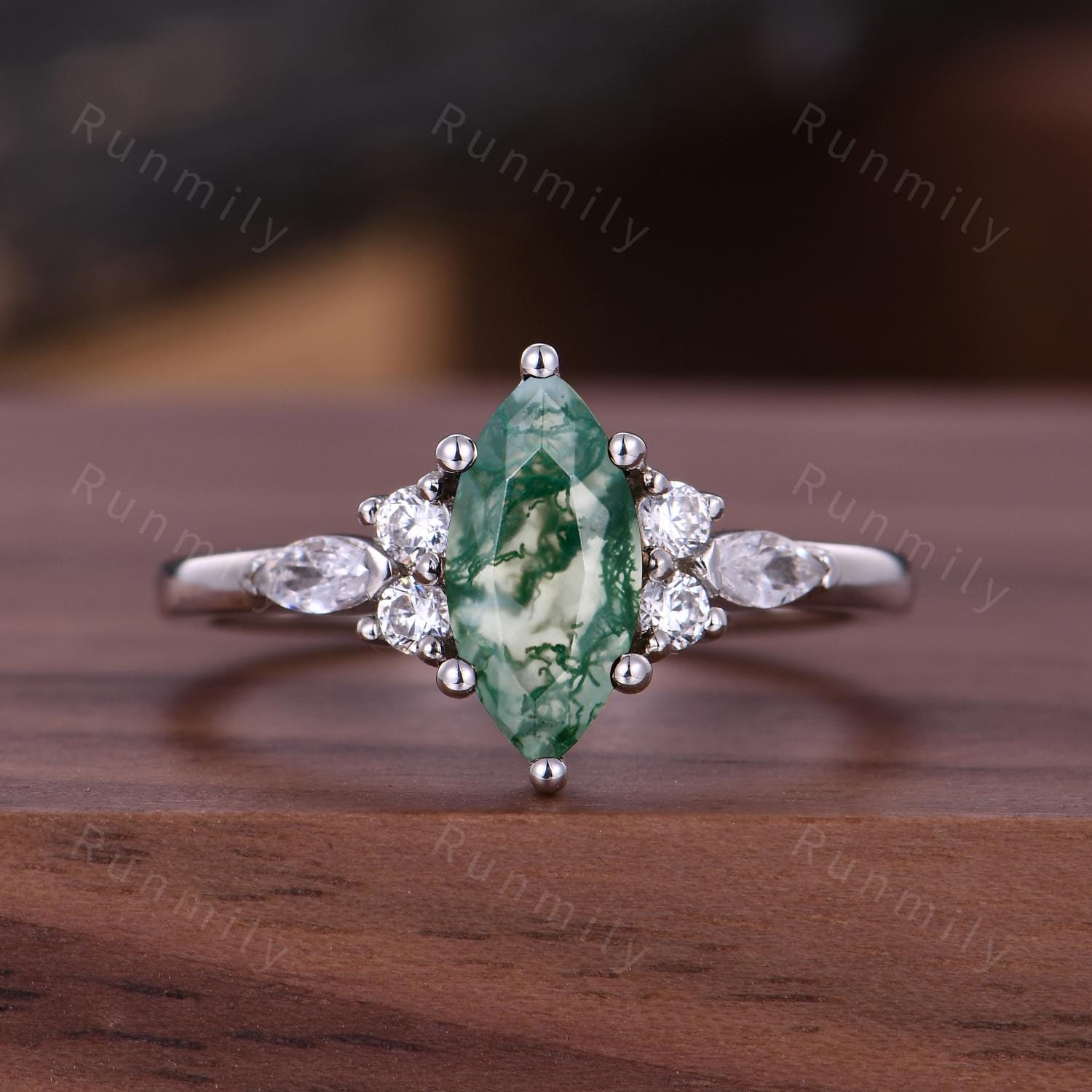 Natural Moss Agate Engagement Ring Unique Marquise cut Green Agate Ring Moissanite Cluster Wedding Ring Bridal Promise Ring Platinum Ring
