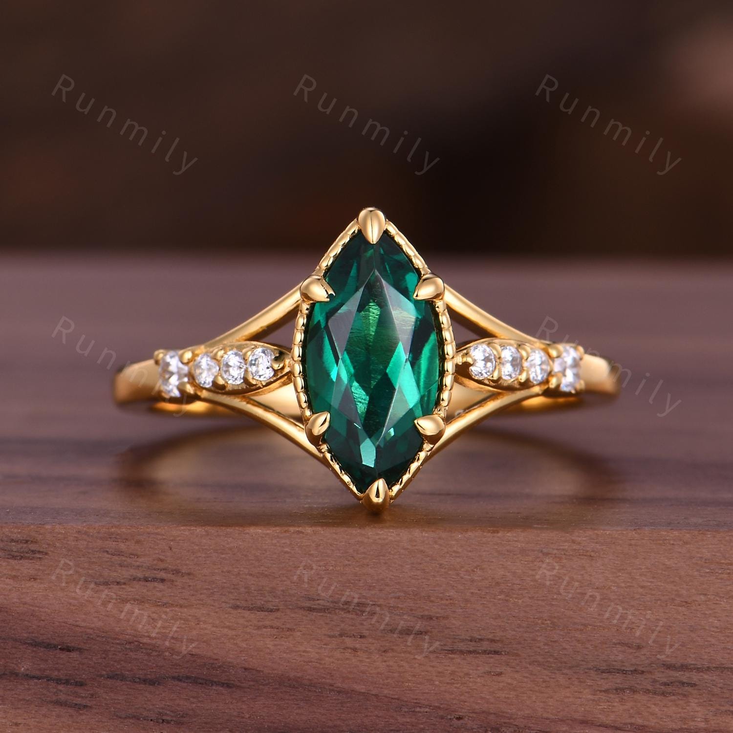 Marquise cut Emerald engagement ring Unique 14k solid gold ring for women art deco moissanite bridal promise ring May birthstone ring gift