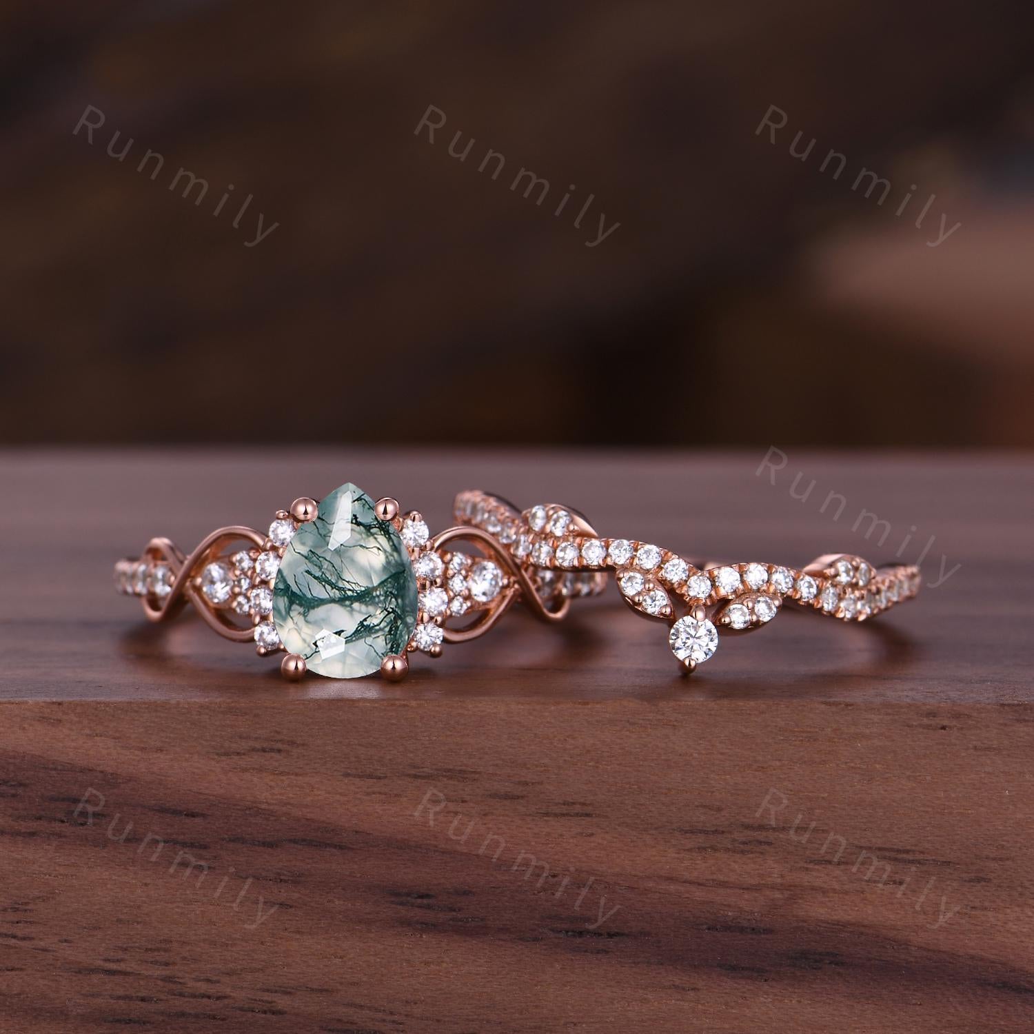 Pear Cut Moss Agate Engagement Ring Set Unique Rose Gold Bridal Ring Set Moissanite Cluster Wedding Curved Stacking Band Promise ring set
