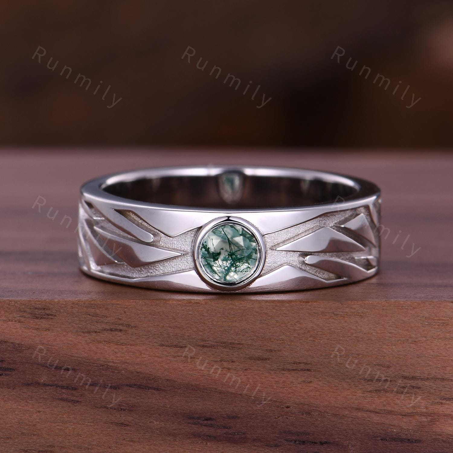 Men's Moss Agate Wedding Band 5mm Round Cut Moss Agate Ring For Mens Engagement Ring Vintage Unique Mens Ring His Stacking Matching Ring