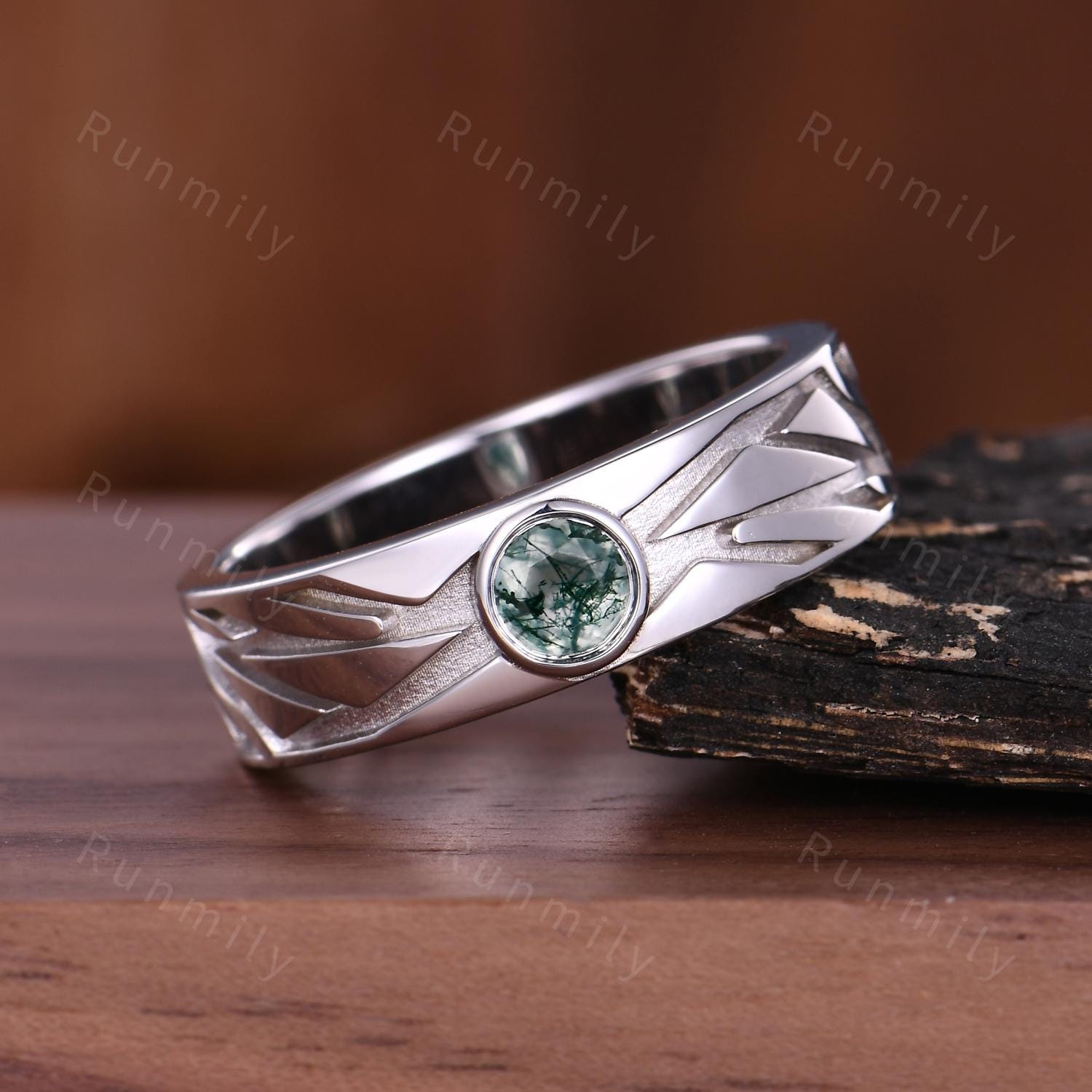 Men's Moss Agate Wedding Band 5mm Round Cut Moss Agate Ring For Mens Engagement Ring Vintage Unique Mens Ring His Stacking Matching Ring