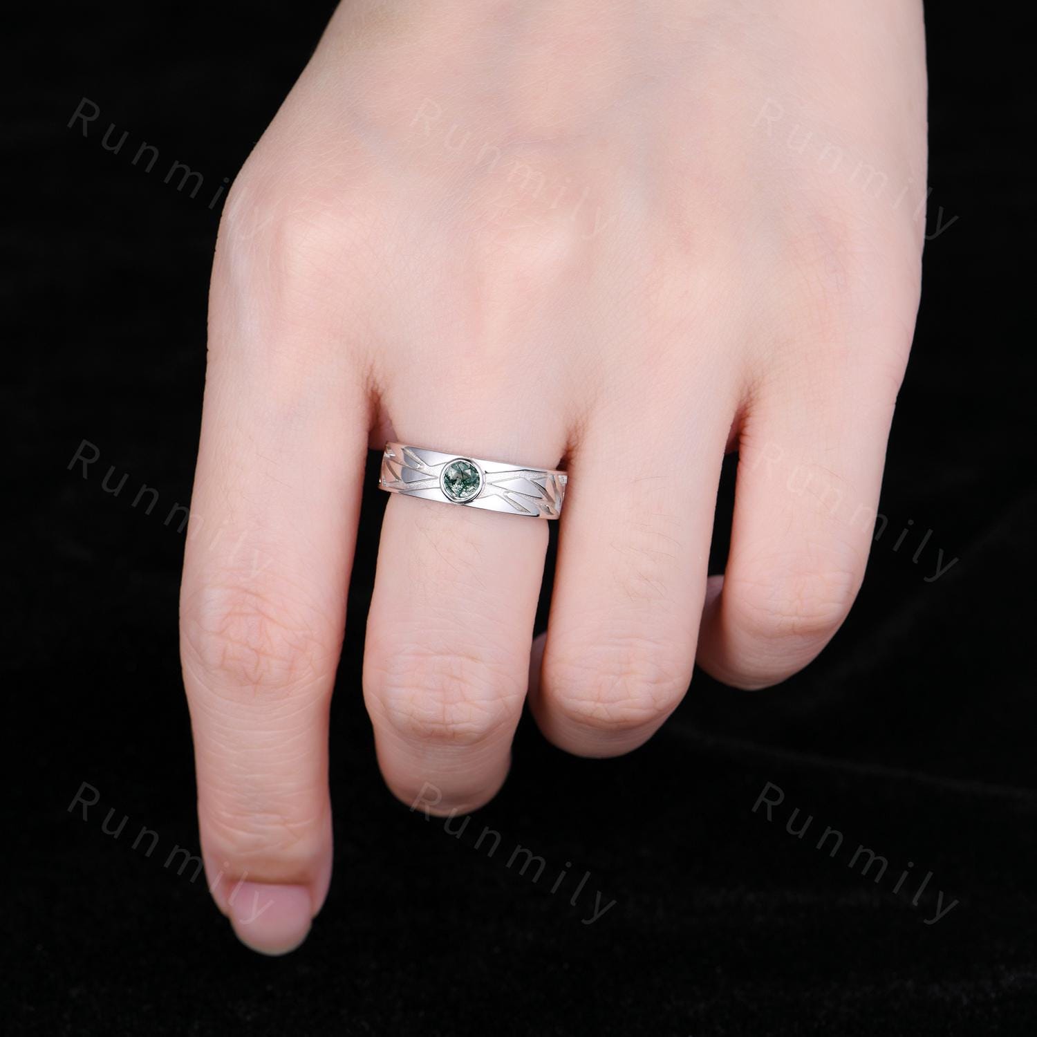 Men's Moss Agate Wedding Band 5mm Round Cut Moss Agate Ring For Mens Engagement Ring Vintage Unique Mens Ring His Stacking Matching Ring