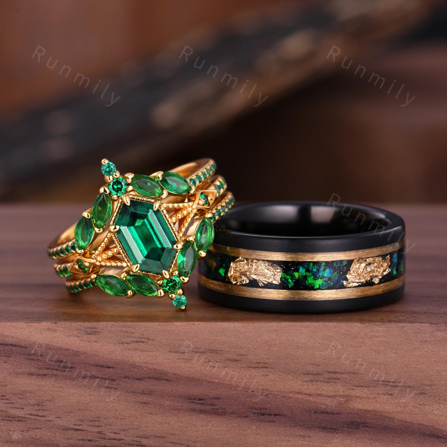 Vintage Hexagon Emerald Couples Ring Set Double Curved Band Yellow Gold His and Hers Wedding Band Mens Emerald Ring Promise Ring For Couple