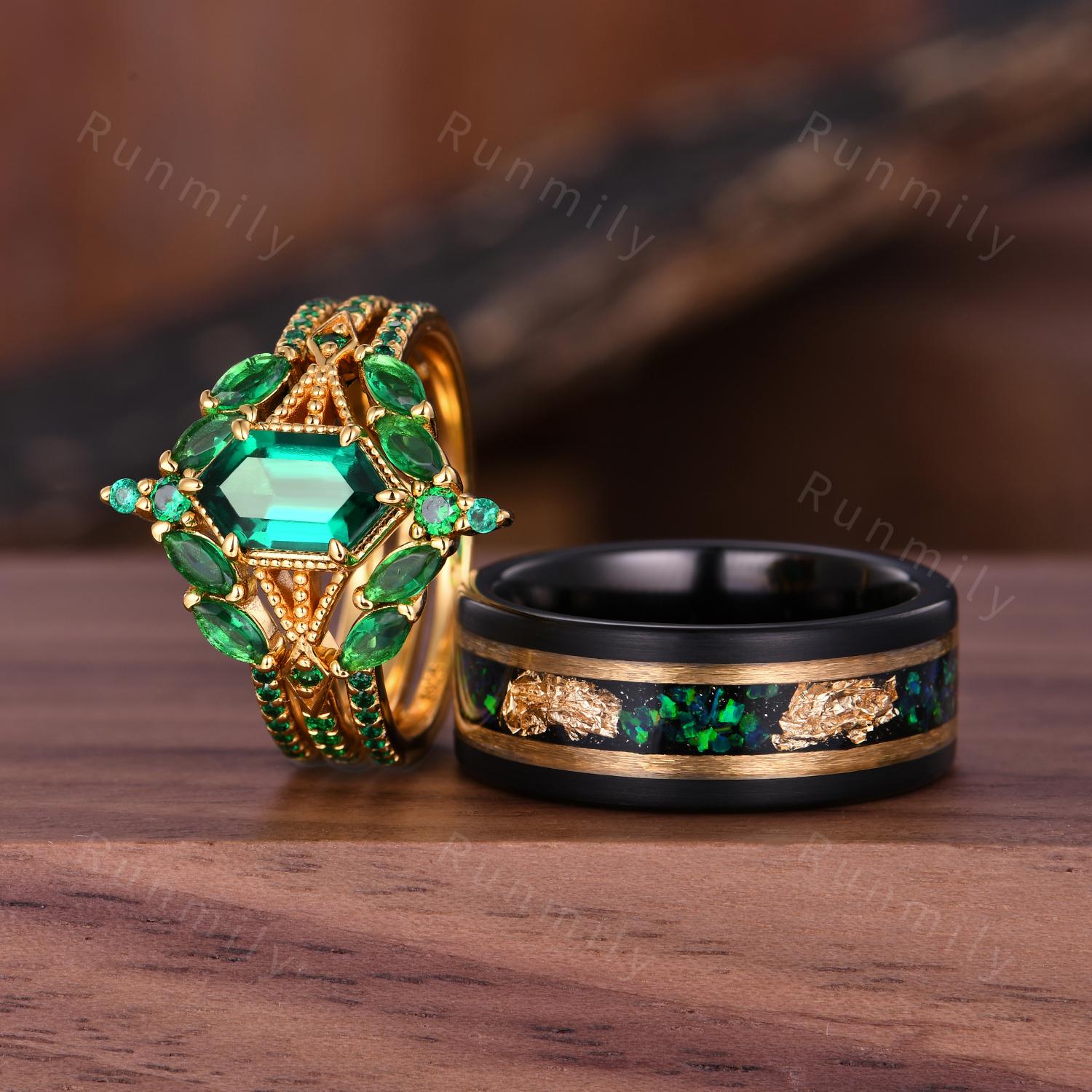 Vintage Hexagon Emerald Couples Ring Set Double Curved Band Yellow Gold His and Hers Wedding Band Mens Emerald Ring Promise Ring For Couple