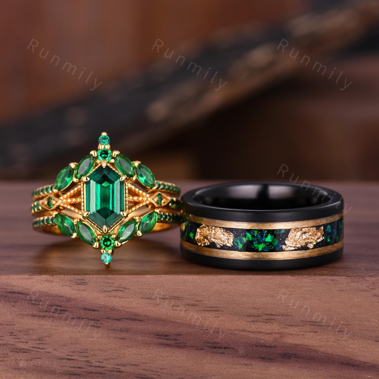 Vintage Hexagon Emerald Couples Ring Set Double Curved Band Yellow Gold His and Hers Wedding Band Mens Emerald Ring Promise Ring For Couple