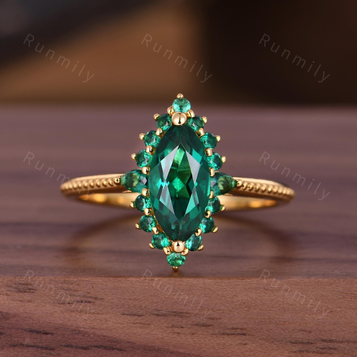 Marquise cut Emerald Couples Ring Yellow Gold Matching Ring Set His and Hers Wedding Band Mens Emerald Ring Anniversary Gift For Men & Women