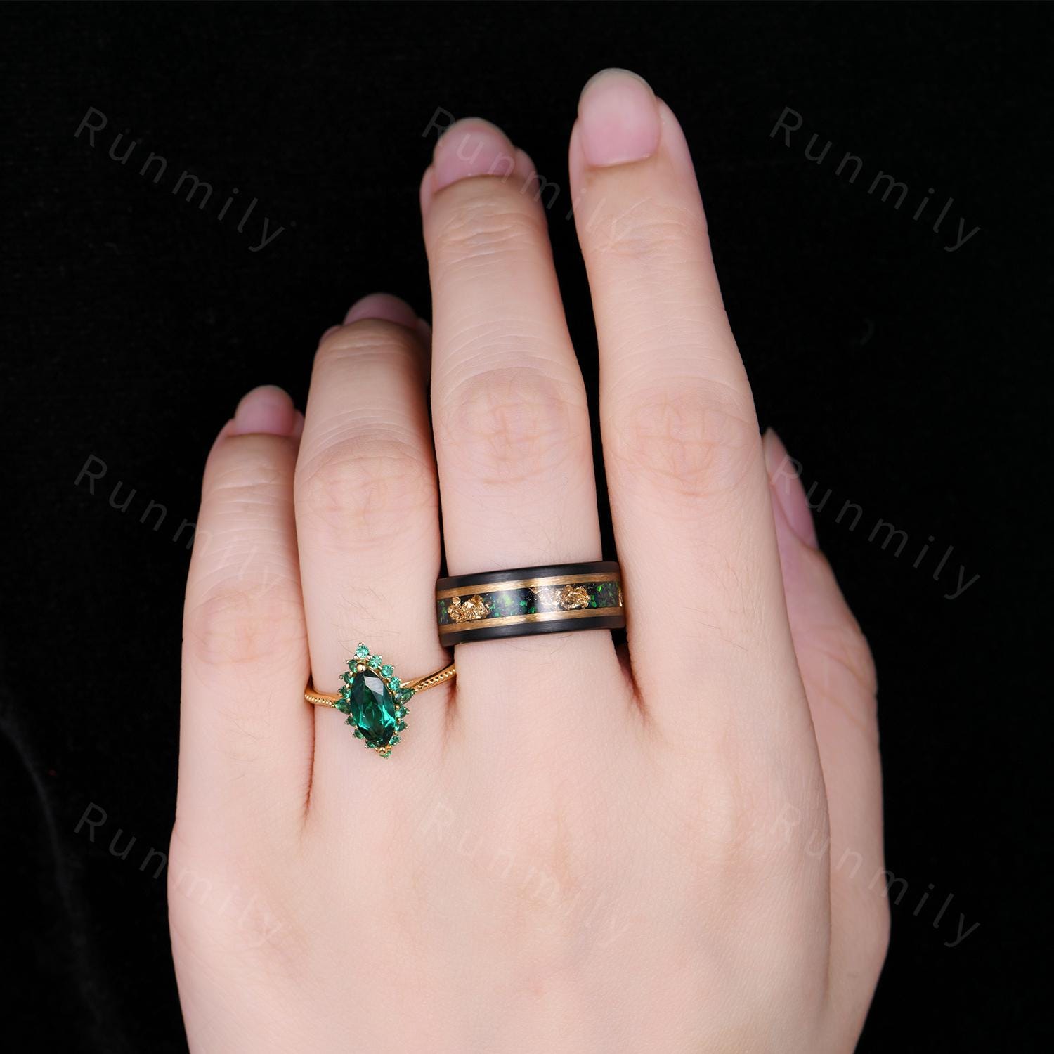 Marquise cut Emerald Couples Ring Yellow Gold Matching Ring Set His and Hers Wedding Band Mens Emerald Ring Anniversary Gift For Men & Women