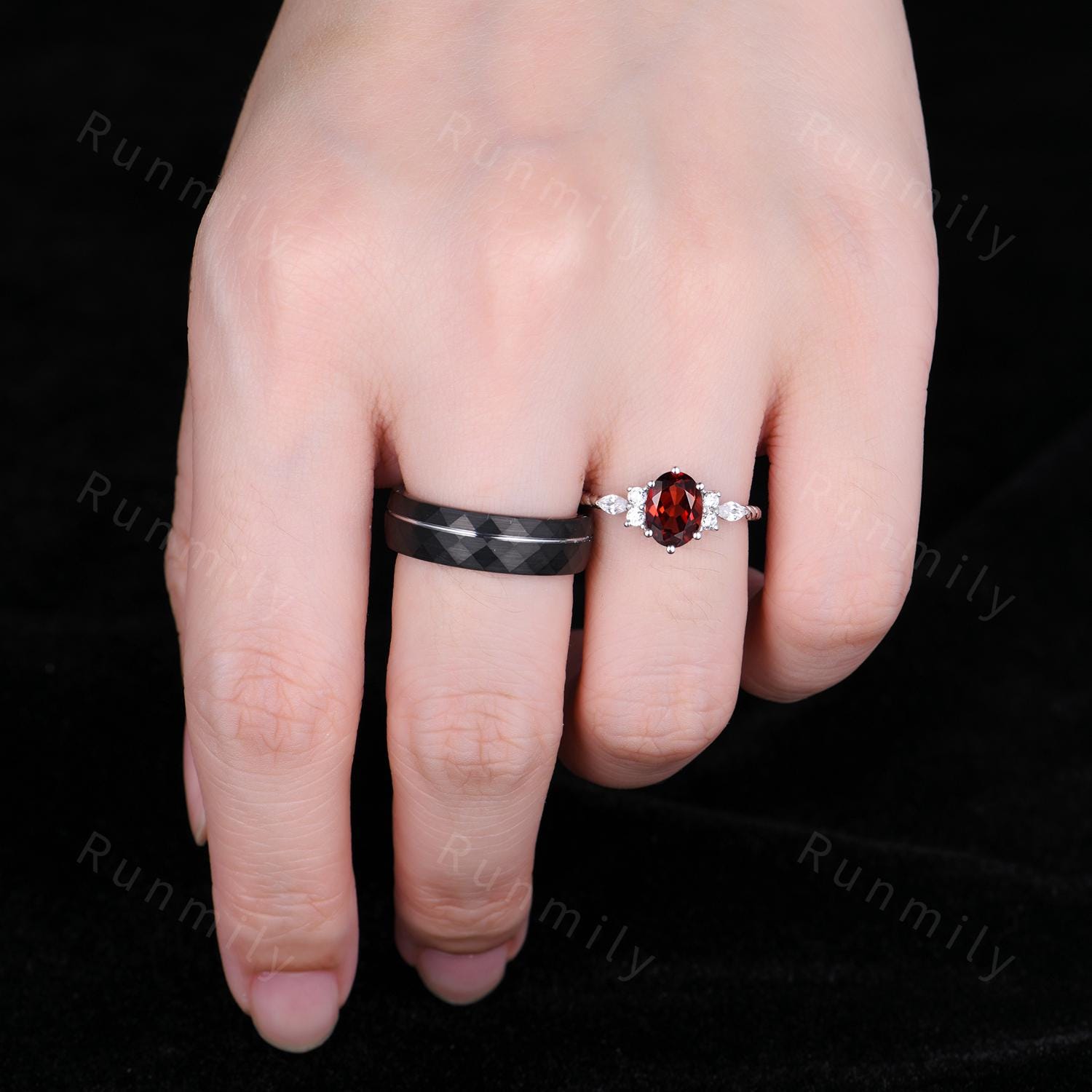 Oval cut Garnet Couples Ring Unique Diamond Cluster Bridal Ring Dainty His and Hers Ring Promise Rings For Men For Women Natural Garnet Ring