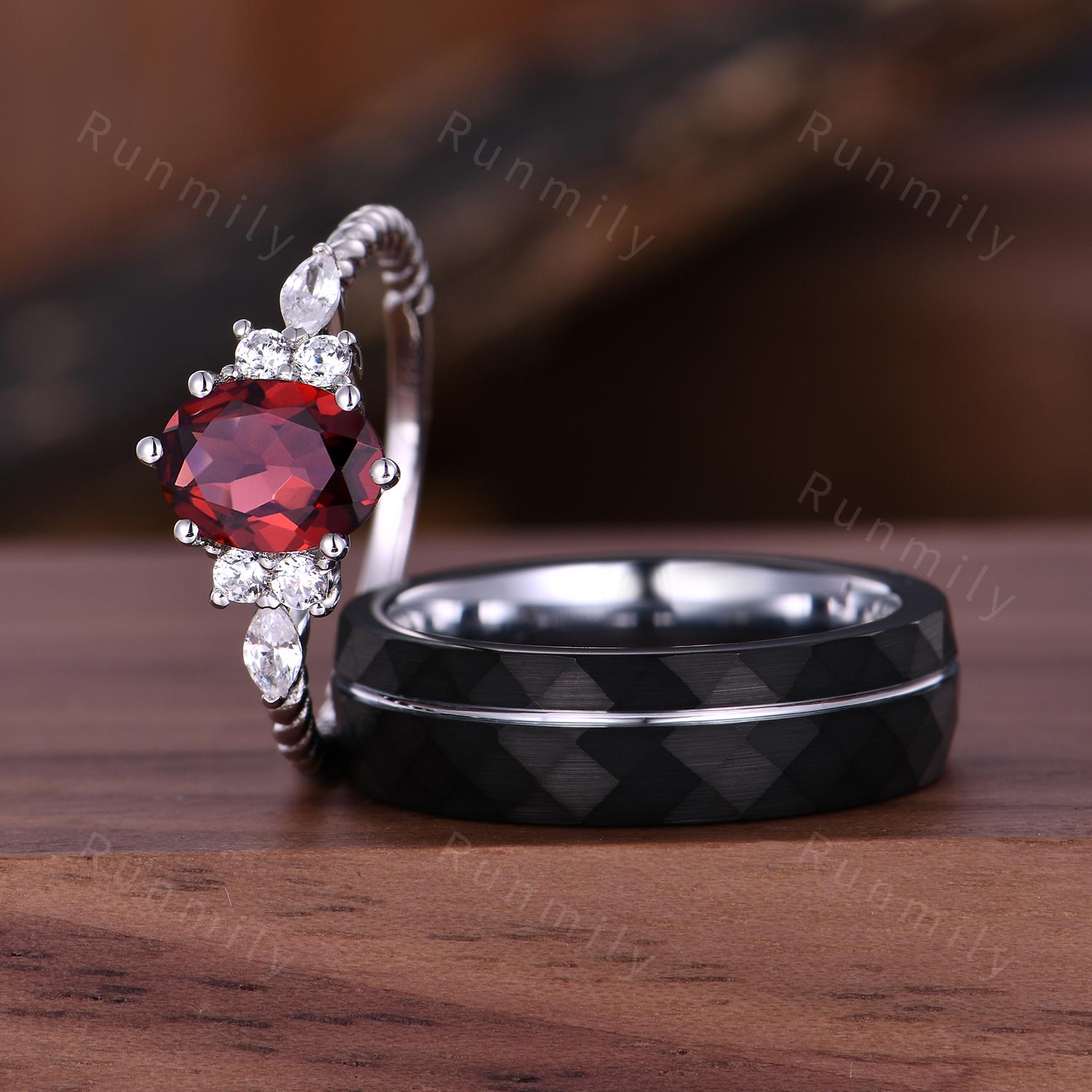Oval cut Garnet Couples Ring Unique Diamond Cluster Bridal Ring Dainty His and Hers Ring Promise Rings For Men For Women Natural Garnet Ring