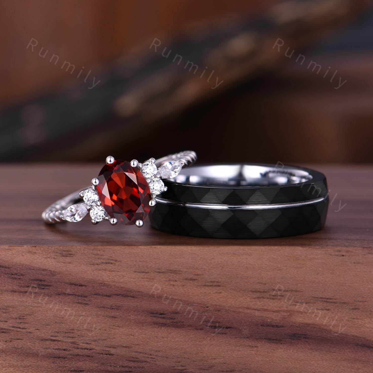 Oval cut Garnet Couples Ring Unique Diamond Cluster Bridal Ring Dainty His and Hers Ring Promise Rings For Men For Women Natural Garnet Ring