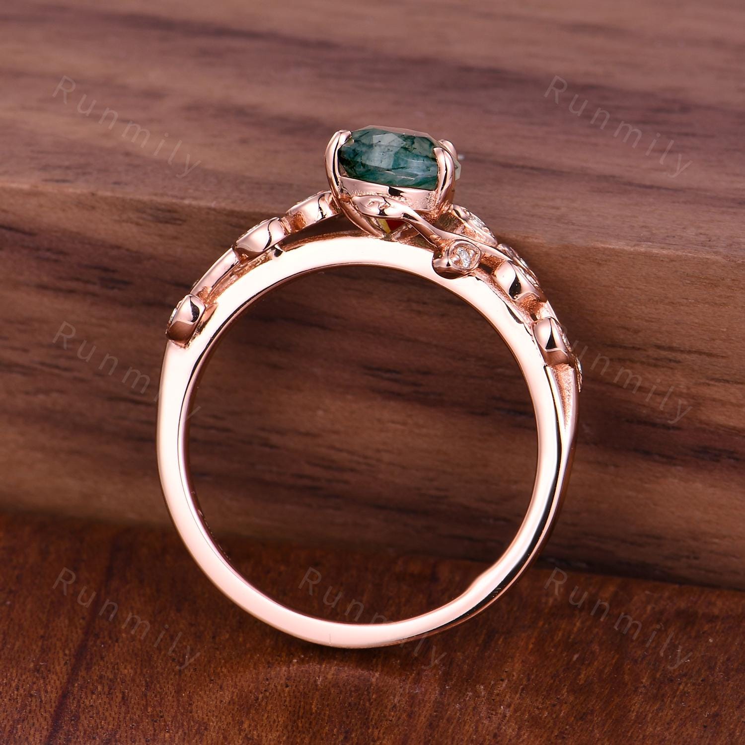 Vintage moss agate engagement ring Art deco leaf promise ring Nature inspired rose gold cluster ring Unique Anniversary gifts for women