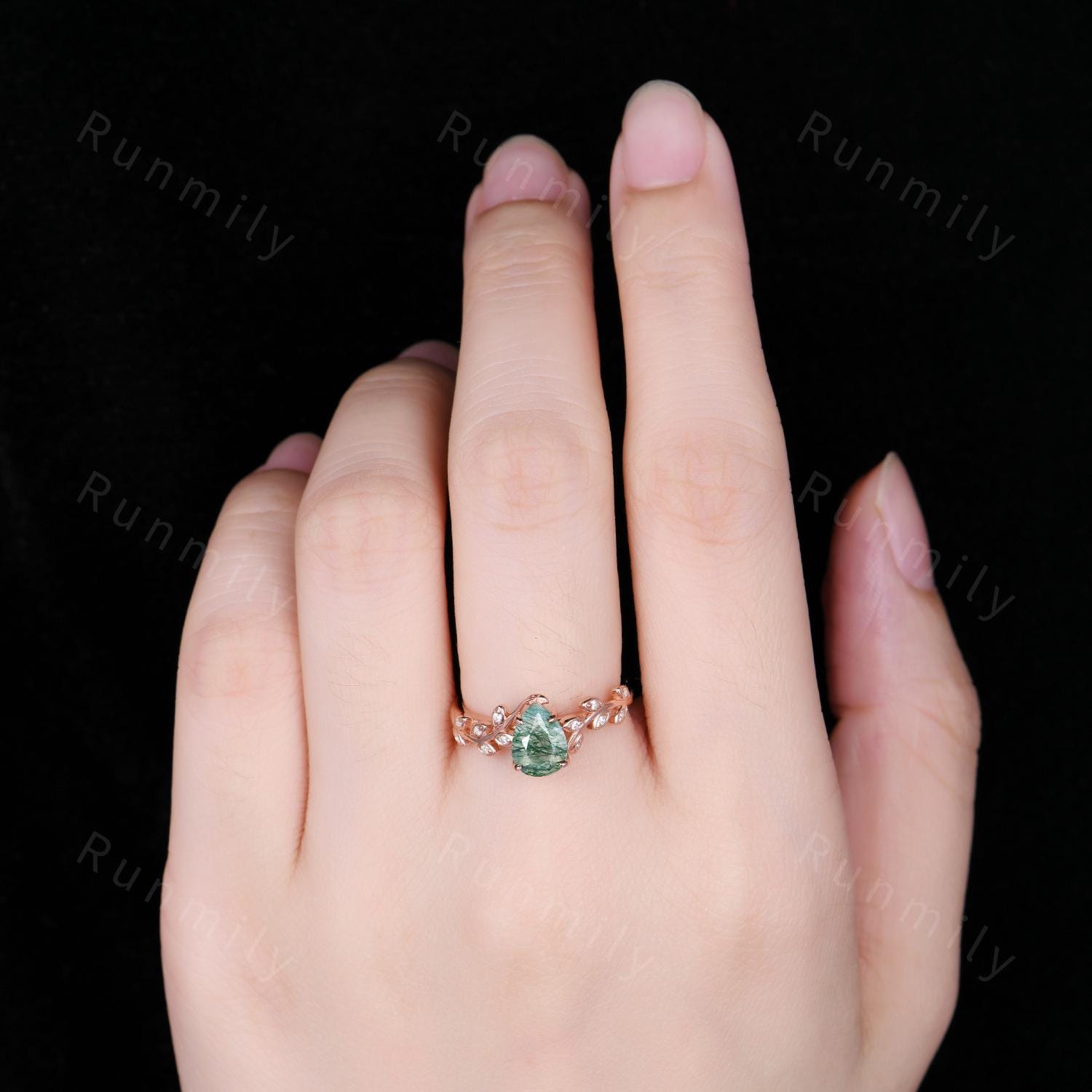 Vintage moss agate engagement ring Art deco leaf promise ring Nature inspired rose gold cluster ring Unique Anniversary gifts for women