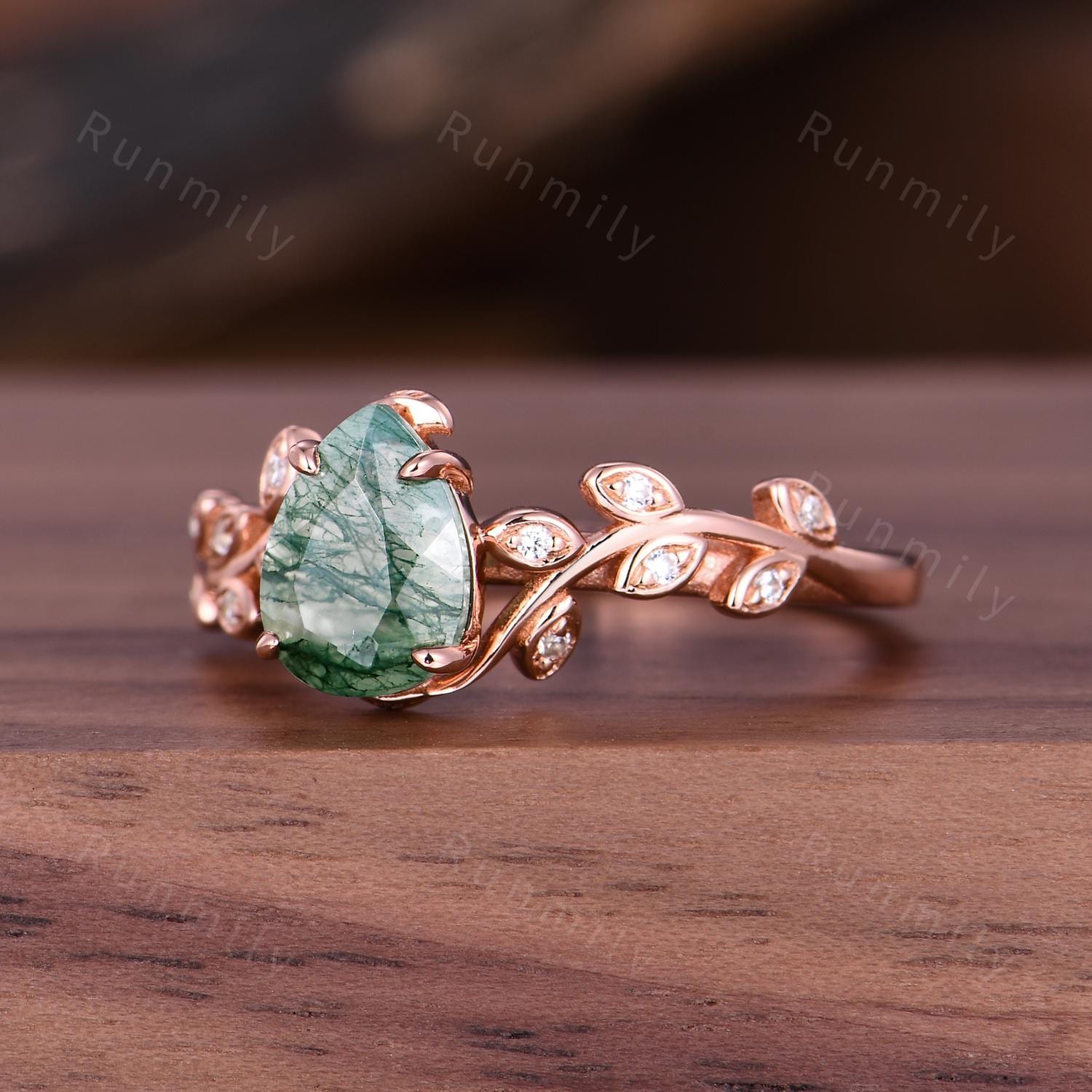 Vintage moss agate engagement ring Art deco leaf promise ring Nature inspired rose gold cluster ring Unique Anniversary gifts for women