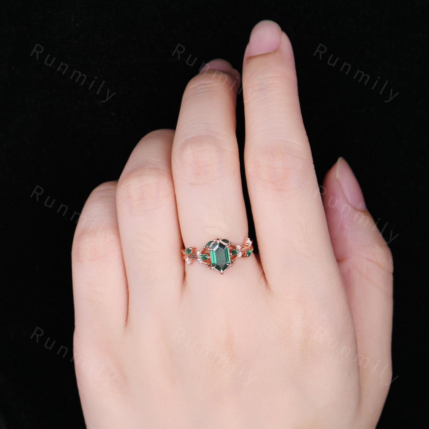 Hexagon Cut Emerald Engagement Ring Nature Inspired Unique Fairytale Rose Gold Wedding Ring Green Leaf Branch Cluster Ring Promise Ring