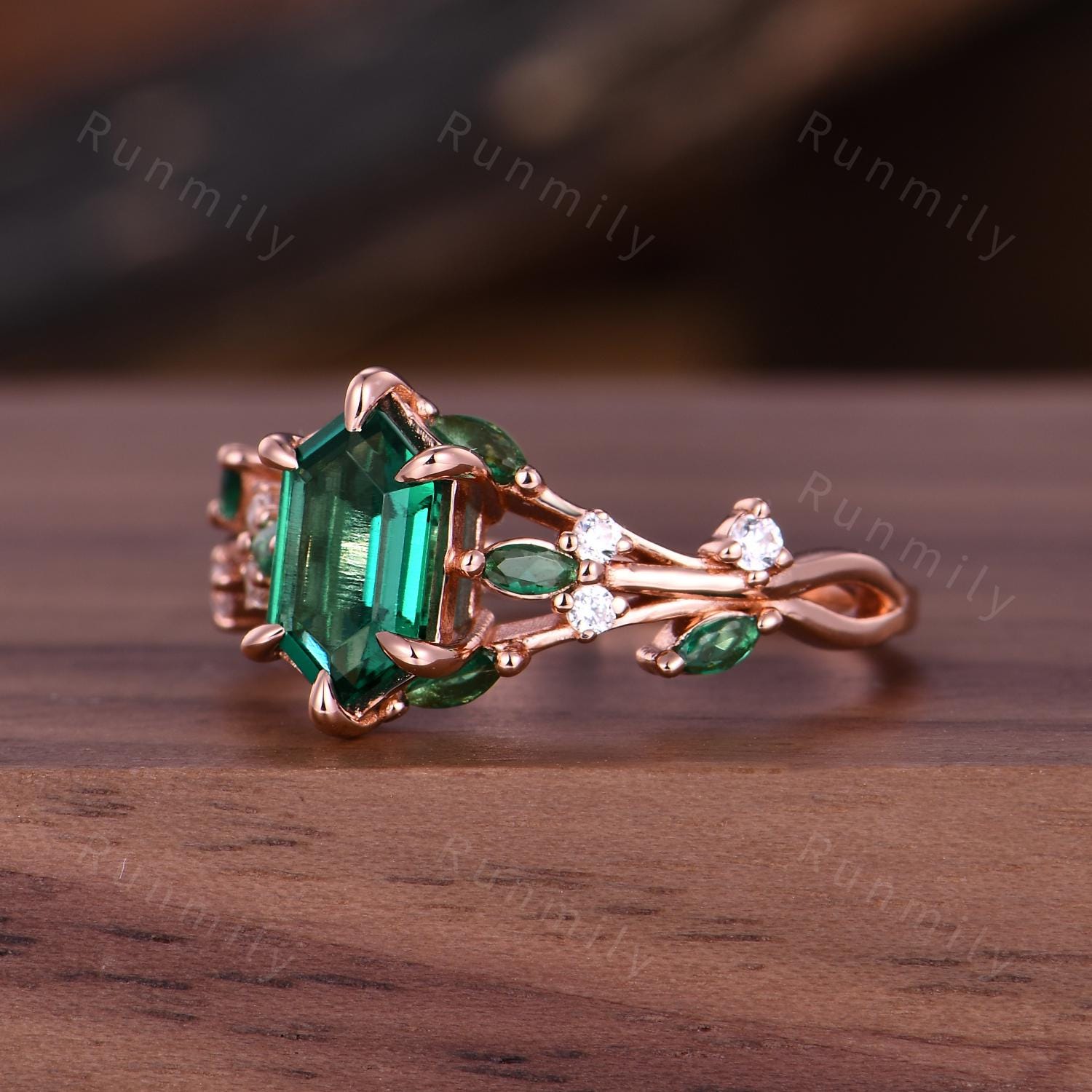 Hexagon Cut Emerald Engagement Ring Nature Inspired Unique Fairytale Rose Gold Wedding Ring Green Leaf Branch Cluster Ring Promise Ring