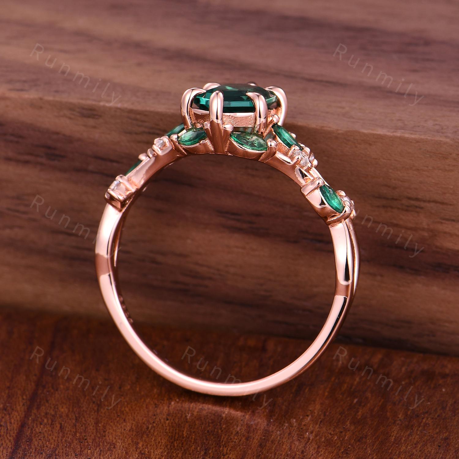 Hexagon Cut Emerald Engagement Ring Nature Inspired Unique Fairytale Rose Gold Wedding Ring Green Leaf Branch Cluster Ring Promise Ring