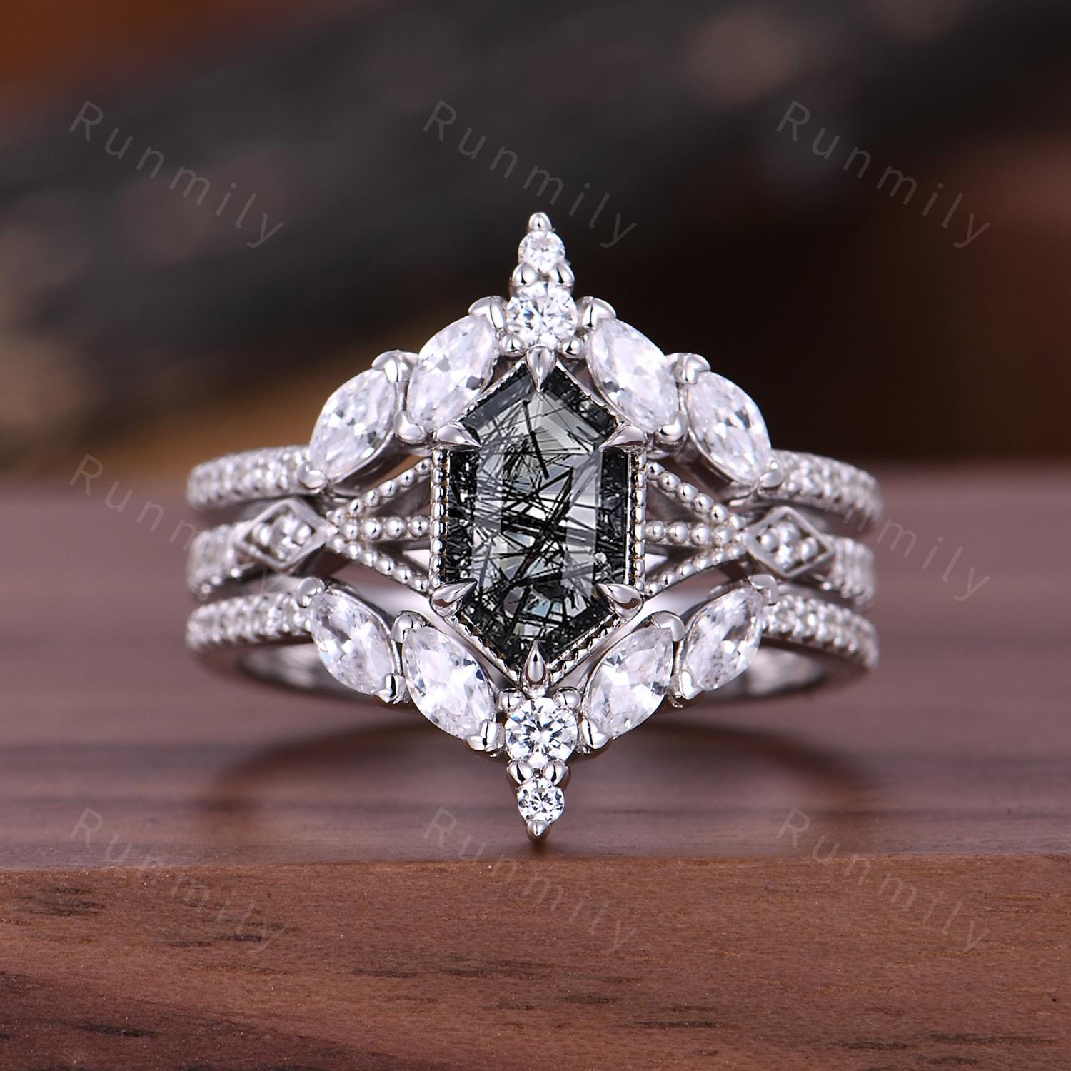 Vintage Black Rutilated Quartz Couples Ring Set Double Curved Diamond Band His and Hers Wedding Band Mens Meteorite Ring Unique Promise Ring