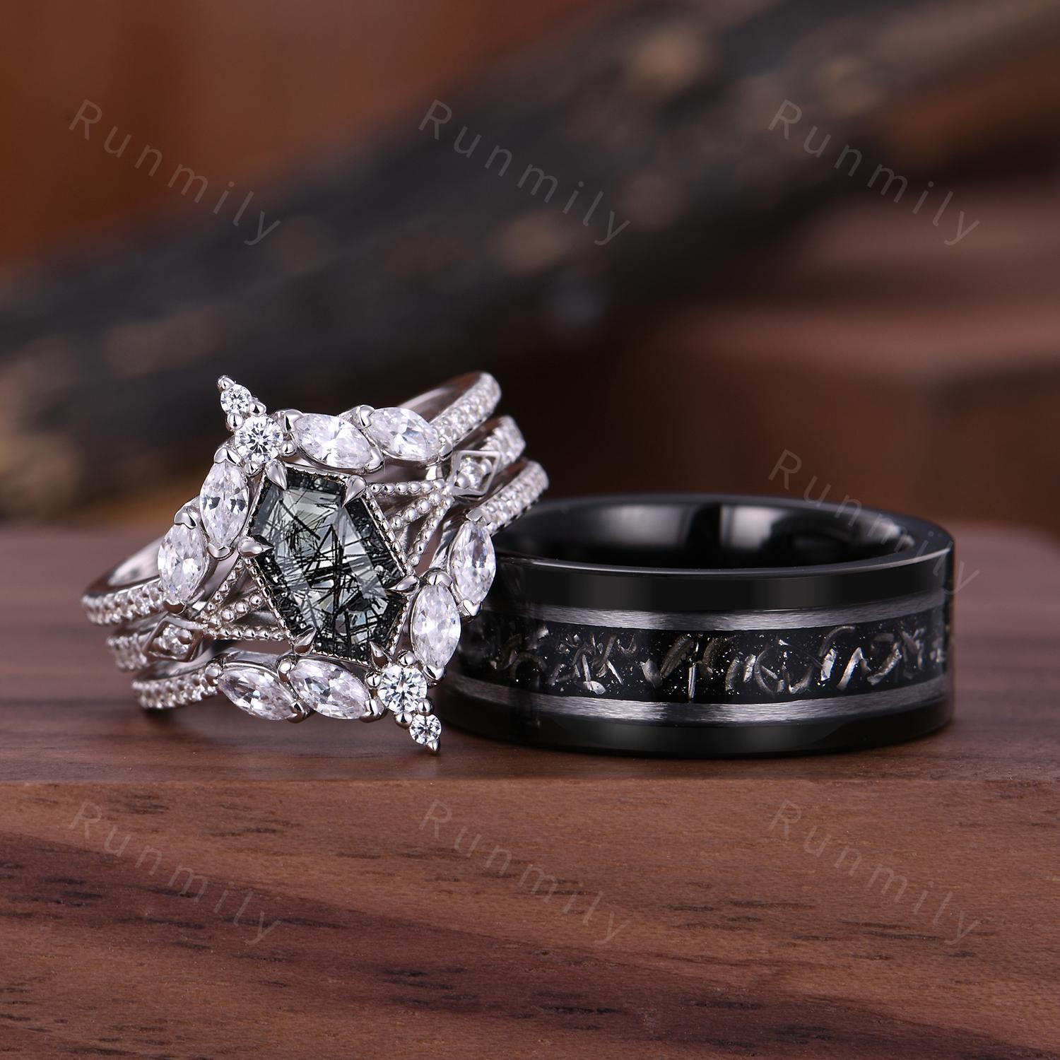 Vintage Black Rutilated Quartz Couples Ring Set Double Curved Diamond Band His and Hers Wedding Band Mens Meteorite Ring Unique Promise Ring