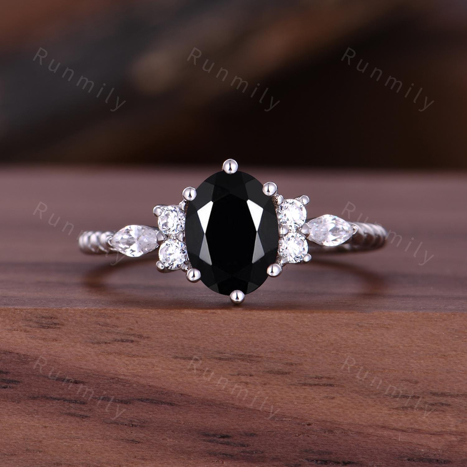 Oval cut Black Onyx Couples Ring Unique Diamond Cluster Bridal Ring Silver His and Hers Ring Mens Hammered Band Promise Rings For Couples