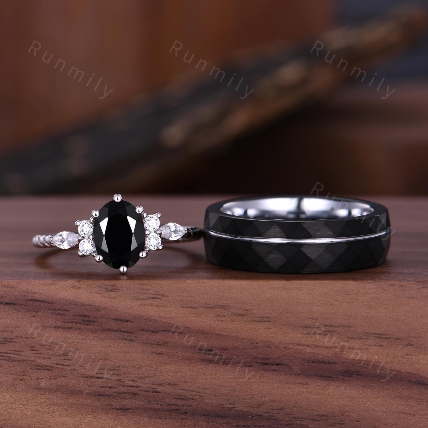 Oval cut Black Onyx Couples Ring Unique Diamond Cluster Bridal Ring Silver His and Hers Ring Mens Hammered Band Promise Rings For Couples