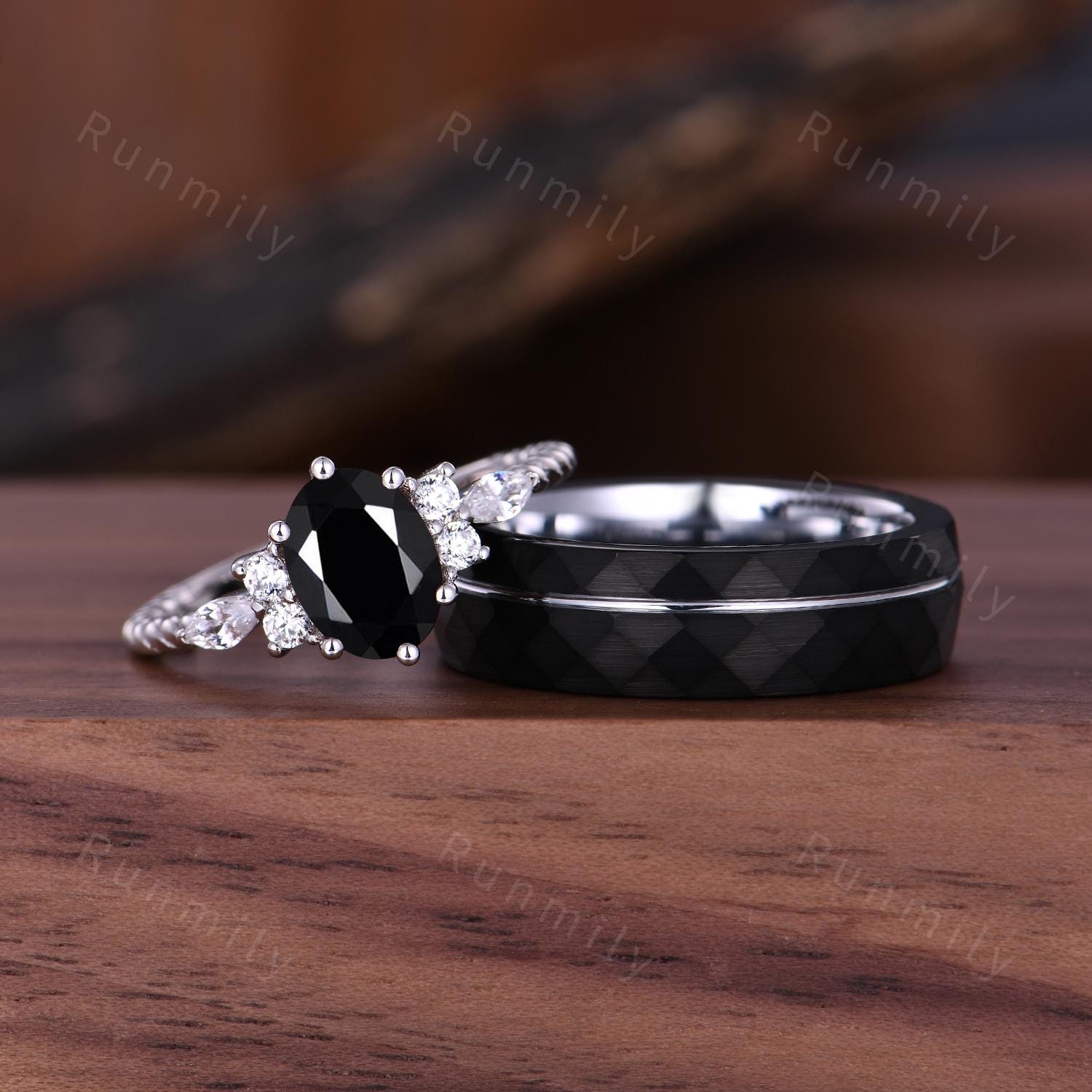 Oval cut Black Onyx Couples Ring Unique Diamond Cluster Bridal Ring Silver His and Hers Ring Mens Hammered Band Promise Rings For Couples