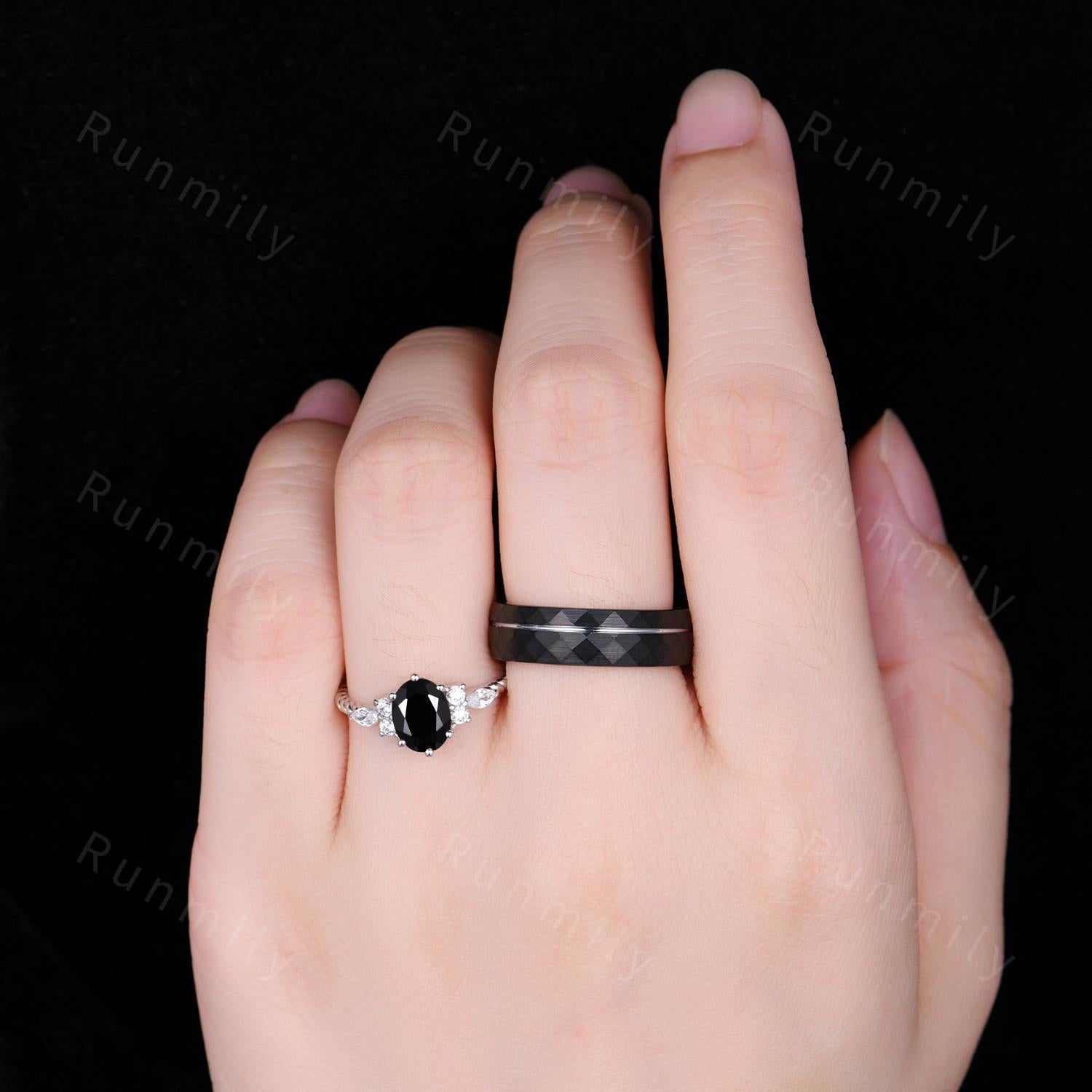 Oval cut Black Onyx Couples Ring Unique Diamond Cluster Bridal Ring Silver His and Hers Ring Mens Hammered Band Promise Rings For Couples
