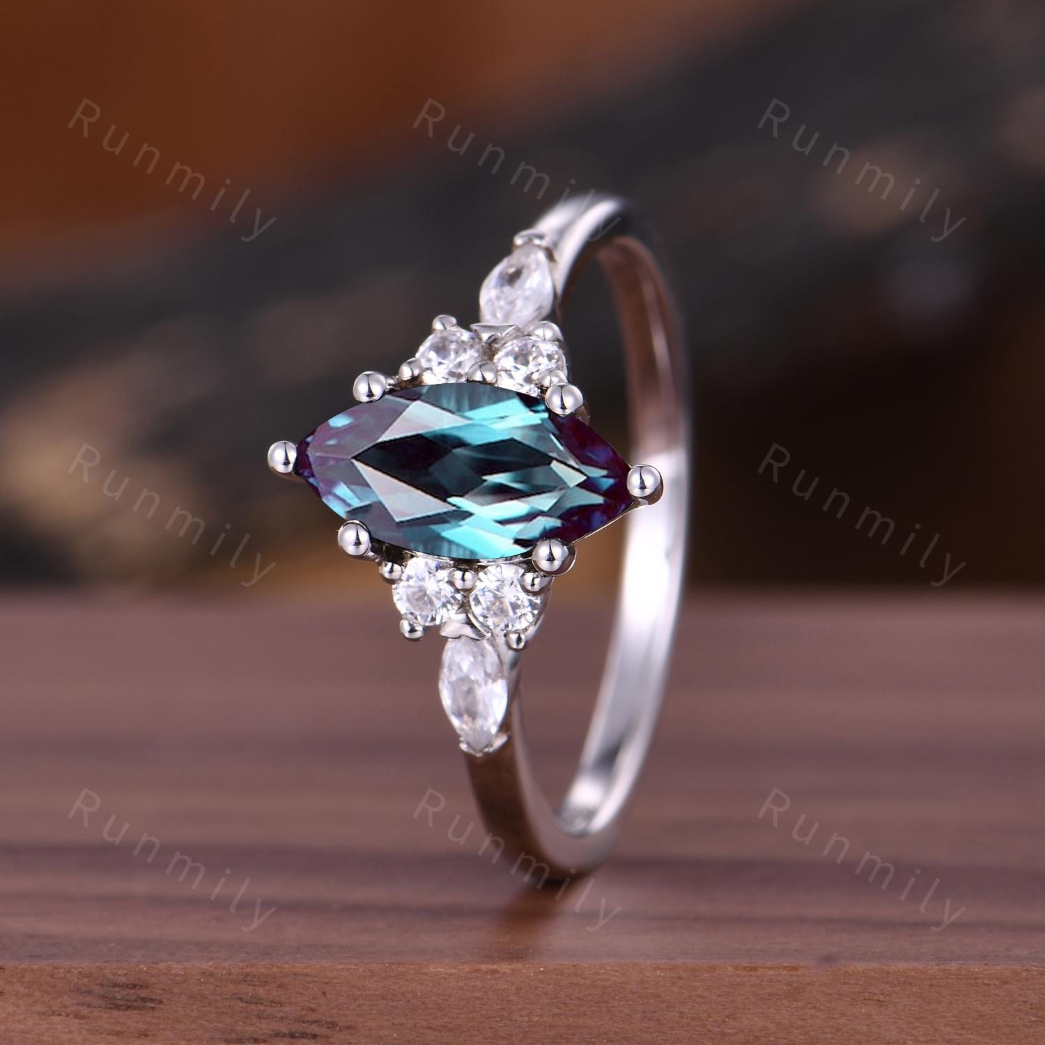 Marquise Cut Alexandrite Engagement Ring, Unique Moissanite Cluster Wedding Ring, Vintage June Birthstone White Gold Bridal Promise Ring