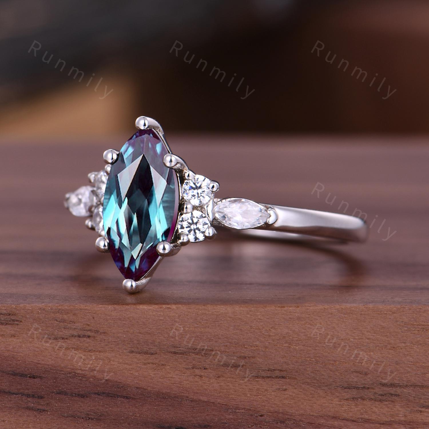 Marquise Cut Alexandrite Engagement Ring, Unique Moissanite Cluster Wedding Ring, Vintage June Birthstone White Gold Bridal Promise Ring