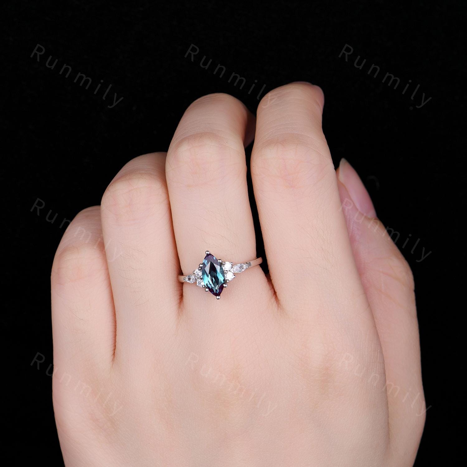 Marquise Cut Alexandrite Engagement Ring, Unique Moissanite Cluster Wedding Ring, Vintage June Birthstone White Gold Bridal Promise Ring