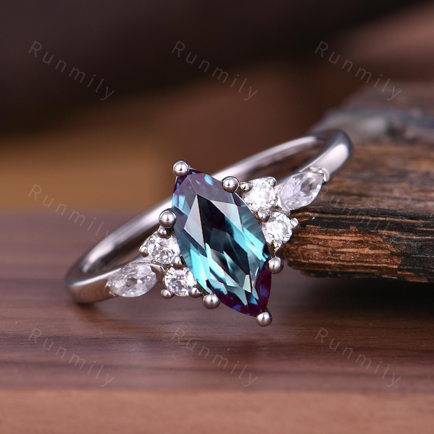 Marquise Cut Alexandrite Engagement Ring, Unique Moissanite Cluster Wedding Ring, Vintage June Birthstone White Gold Bridal Promise Ring