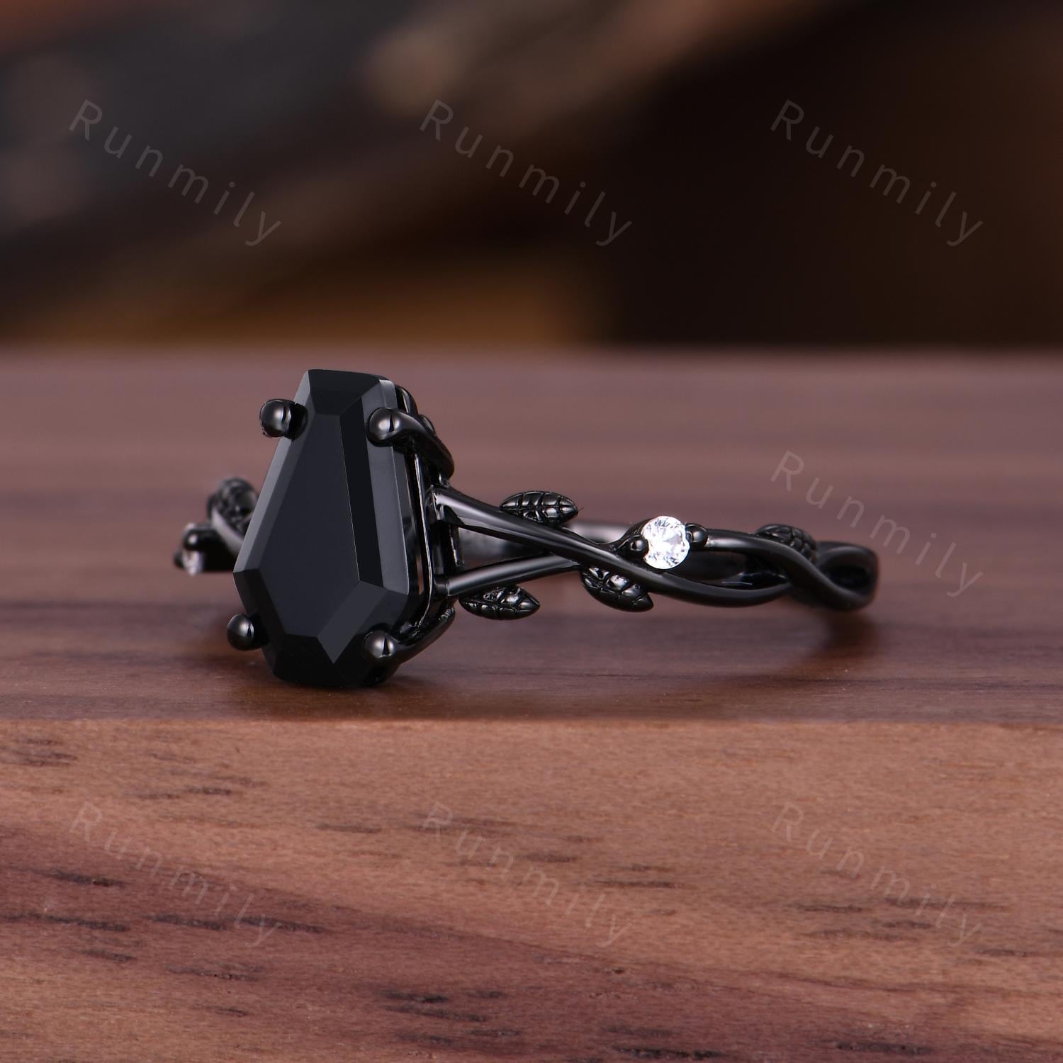 Coffin cut black onyx engagement ring Black gold ring Art deco branch leaf design moissanite wedding ring nature inspired ring promise ring