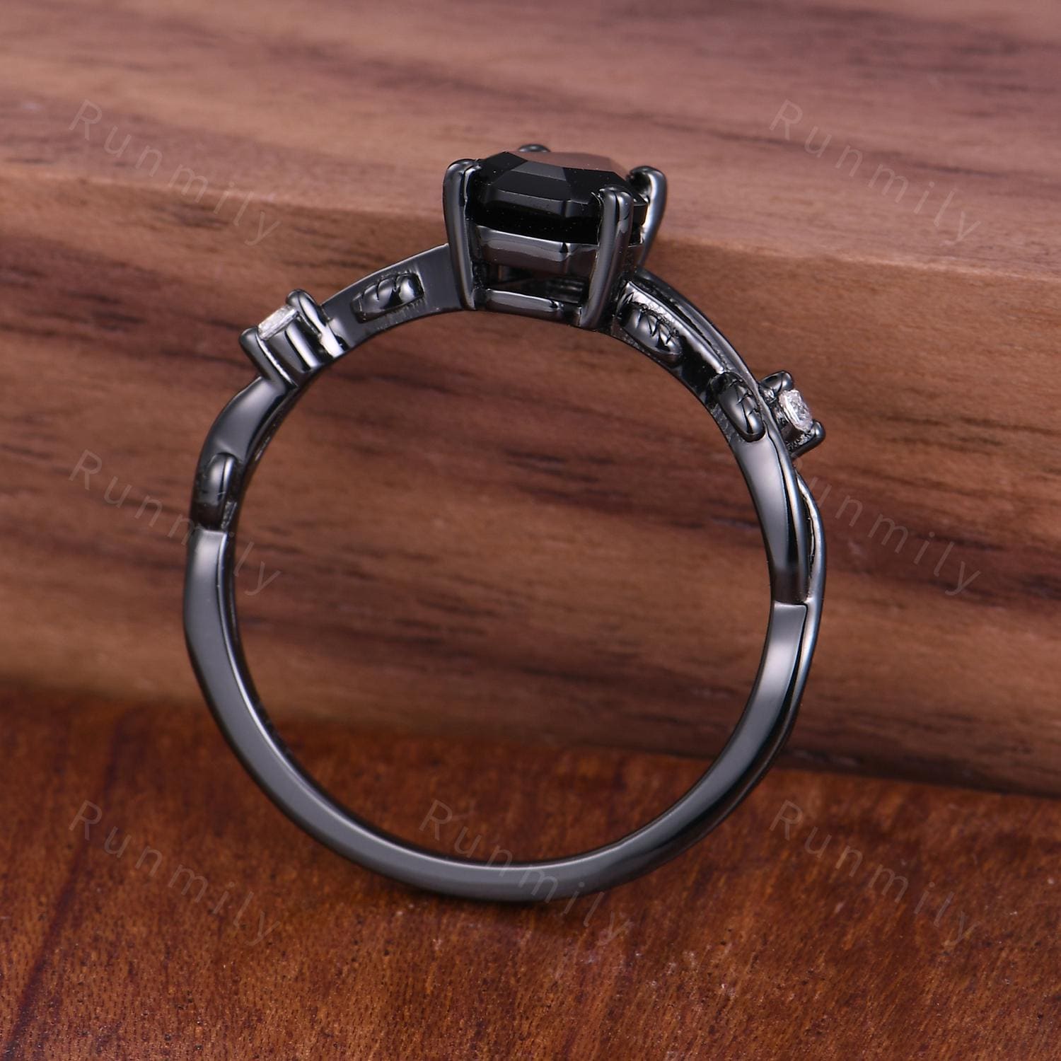 Coffin cut black onyx engagement ring Black gold ring Art deco branch leaf design moissanite wedding ring nature inspired ring promise ring