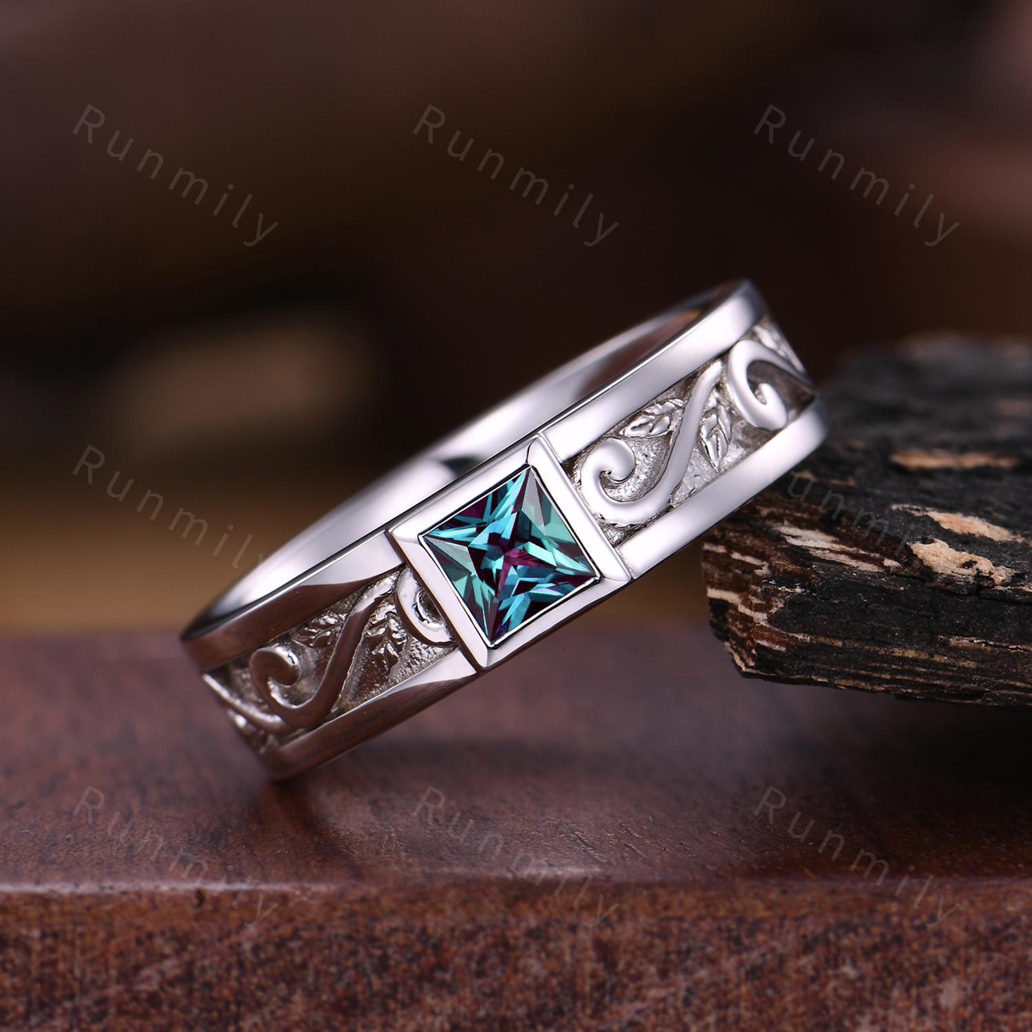 Men's Alexandrite Wedding Band White Gold Princess Cut Wedding Ring Mens Engagement Ring Vintage Wave Leaf Ring Mens Stacking Ring His Ring