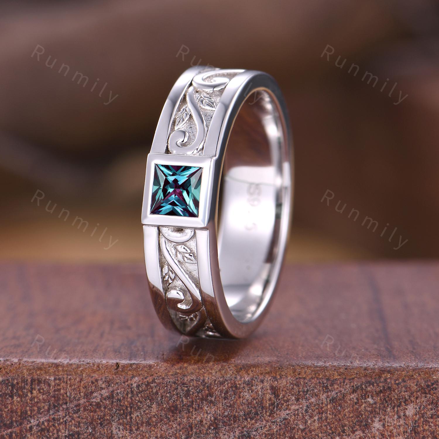 Men's Alexandrite Wedding Band White Gold Princess Cut Wedding Ring Mens Engagement Ring Vintage Wave Leaf Ring Mens Stacking Ring His Ring