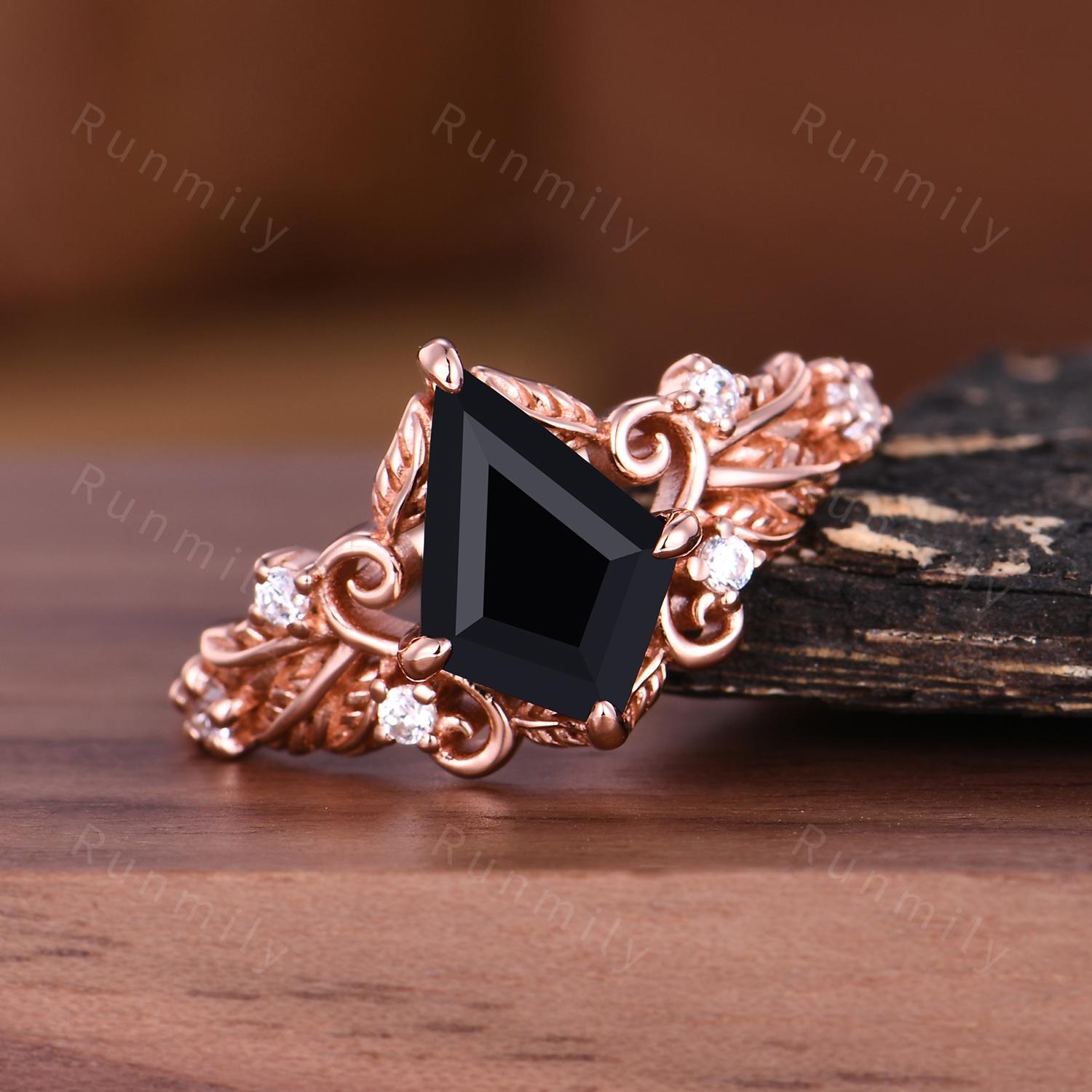 Natural Black Onyx Engagement Ring Antique Leaf Style Ring Rose Gold Nature Inspired Handmade Ring Bridal Anniversary Gift Ring