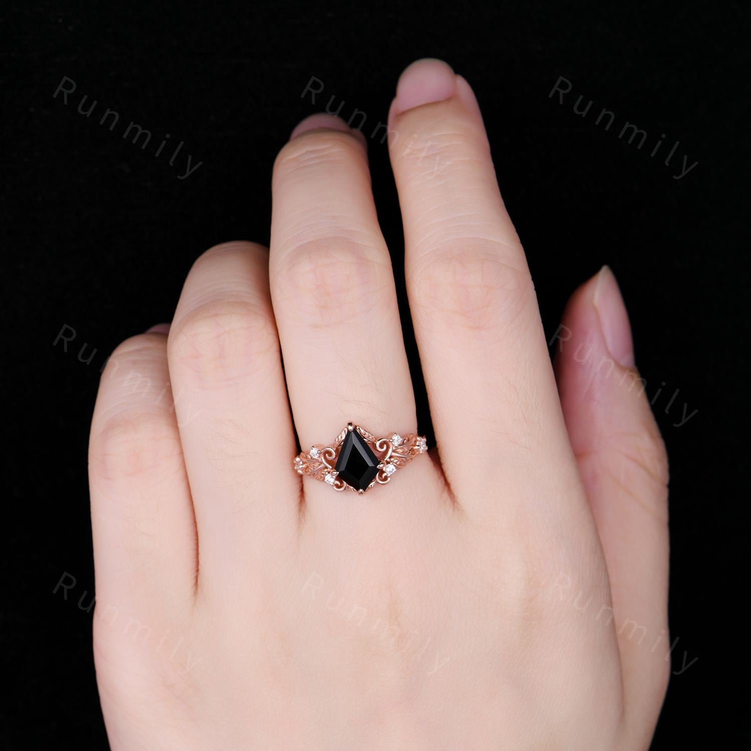 Natural Black Onyx Engagement Ring Antique Leaf Style Ring Rose Gold Nature Inspired Handmade Ring Bridal Anniversary Gift Ring