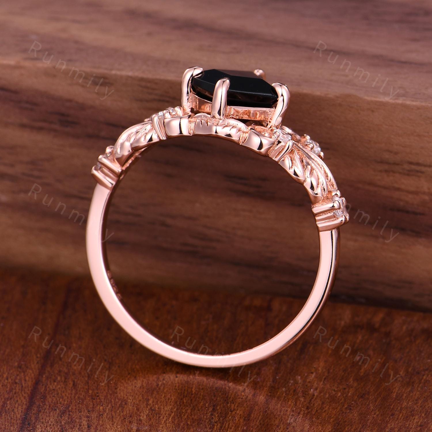 Natural Black Onyx Engagement Ring Antique Leaf Style Ring Rose Gold Nature Inspired Handmade Ring Bridal Anniversary Gift Ring