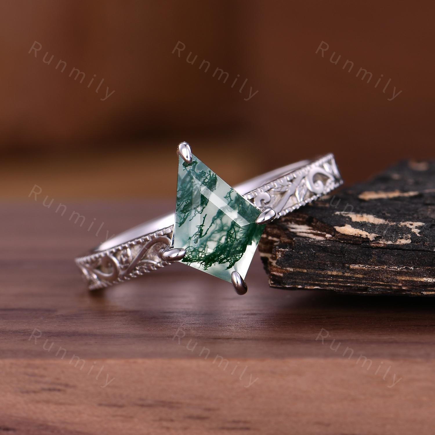 Vintage Natural Moss Agate Engagement Ring Filigree Antique Kite Cut Ring Leaf Style 14k White Gold Moss Agate Bridal Promise Ring Gift