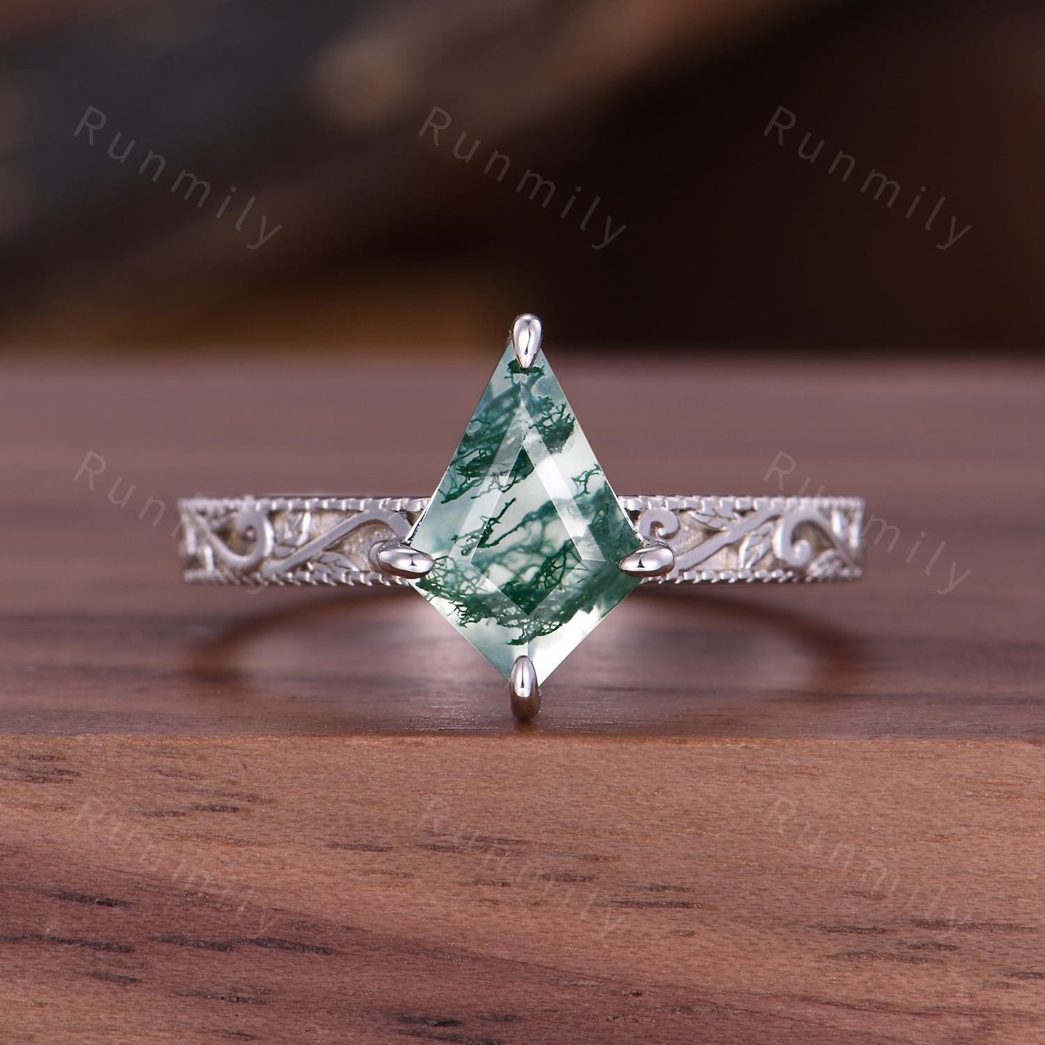 Vintage Natural Moss Agate Engagement Ring Filigree Antique Kite Cut Ring Leaf Style 14k White Gold Moss Agate Bridal Promise Ring Gift