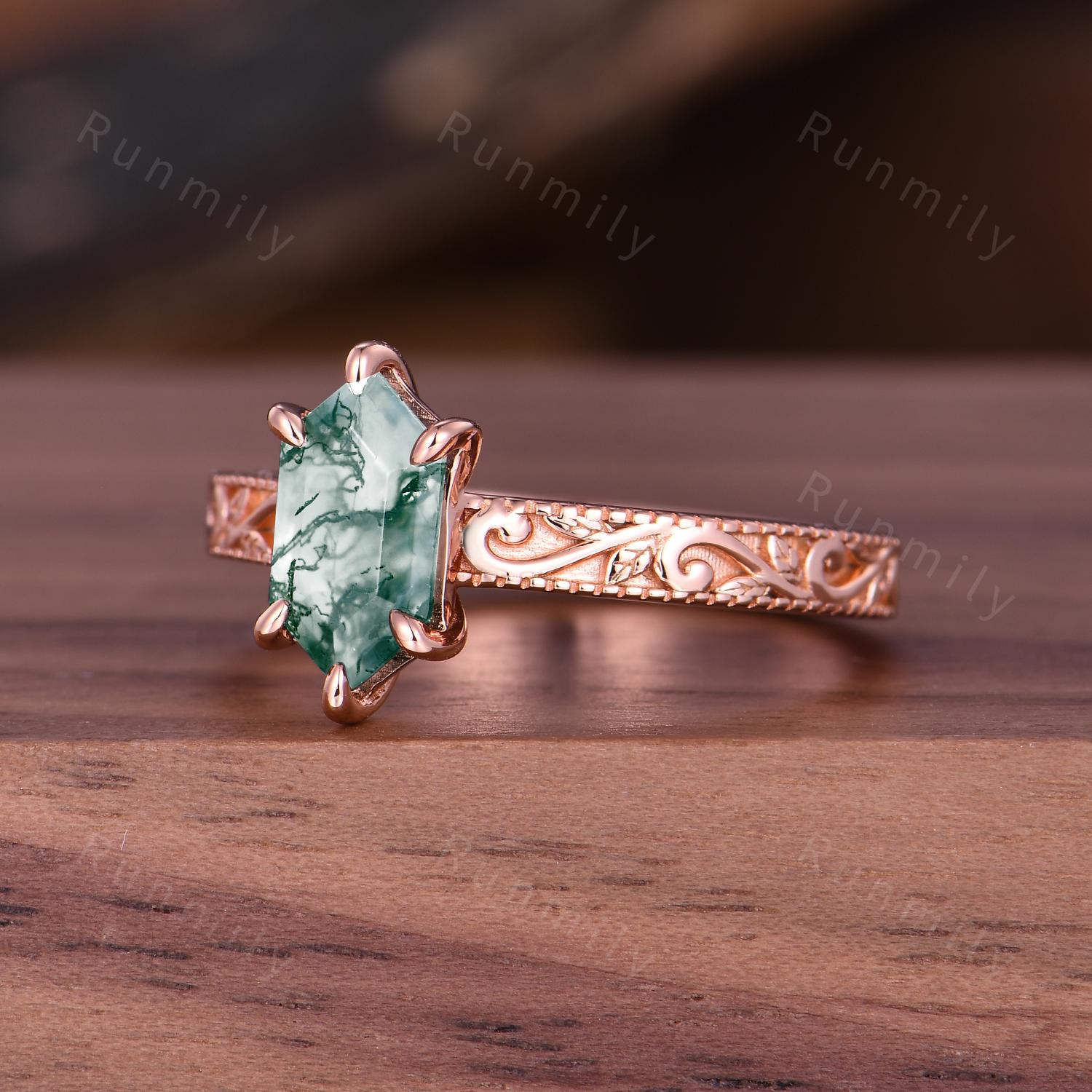 Vintage Moss Agate Ring Hexagon Cut Bridal Ring Antique Filigree Women's Ring Art Deco Natural Moss Agate Engagement Promise Ring Rose Gold