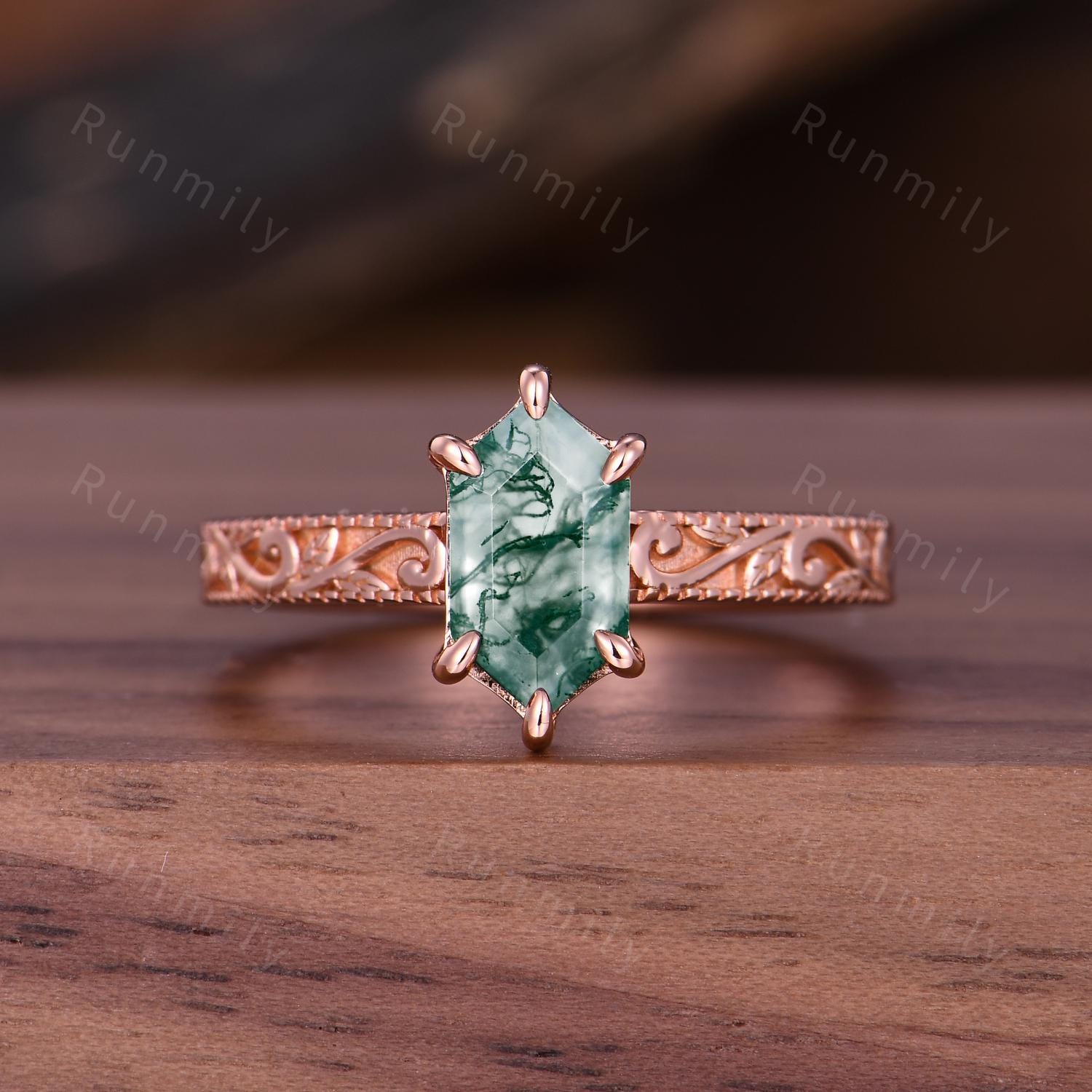 Vintage Moss Agate Ring Hexagon Cut Bridal Ring Antique Filigree Women's Ring Art Deco Natural Moss Agate Engagement Promise Ring Rose Gold