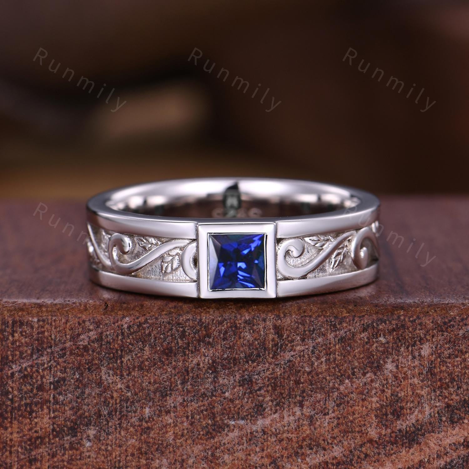 Men's Blue Sapphire Wedding Band White Gold Princess Cut Ring His Engagement Ring Vintage Wave Leaf Ring Mens Stacking Ring Gift For Husband