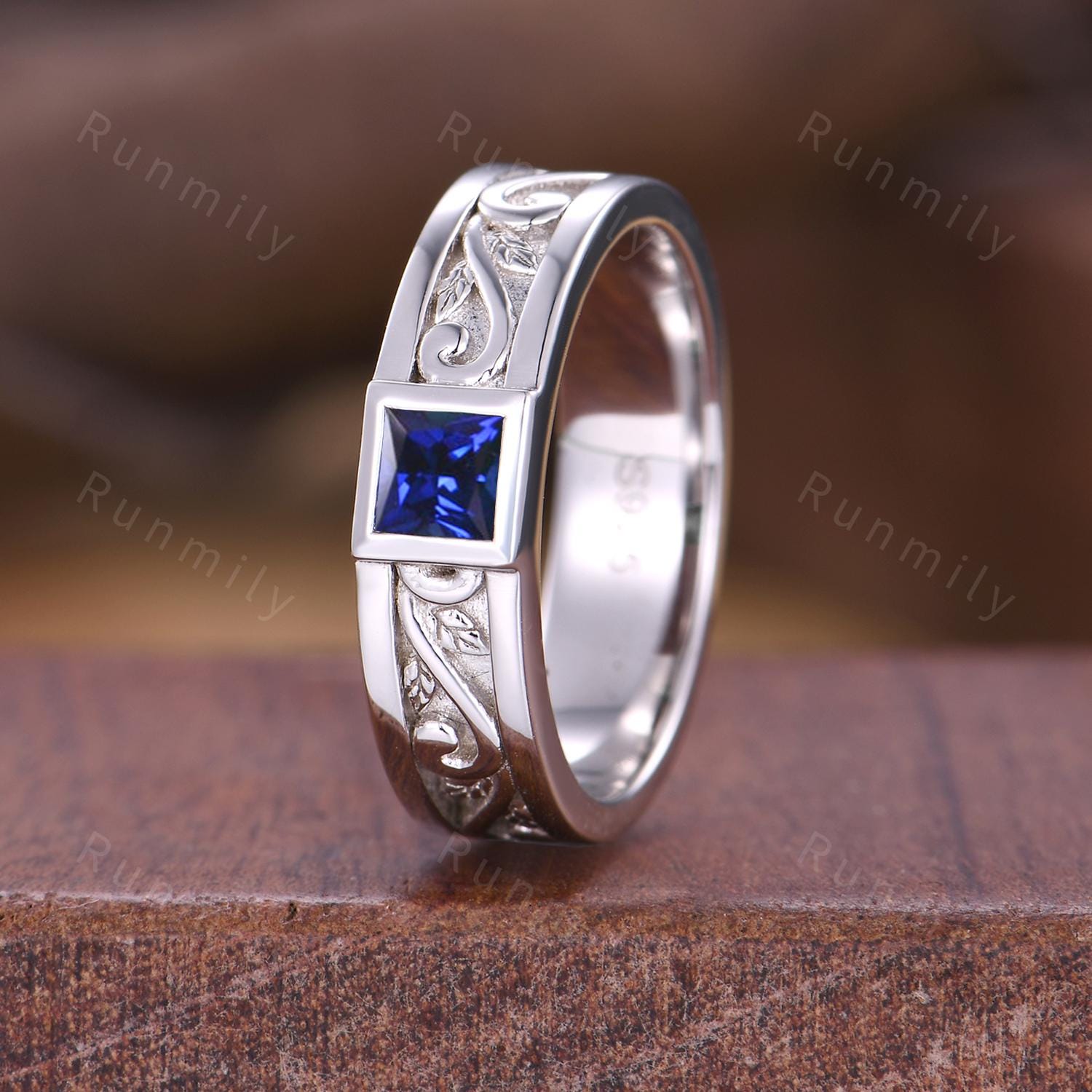 Men's Blue Sapphire Wedding Band White Gold Princess Cut Ring His Engagement Ring Vintage Wave Leaf Ring Mens Stacking Ring Gift For Husband