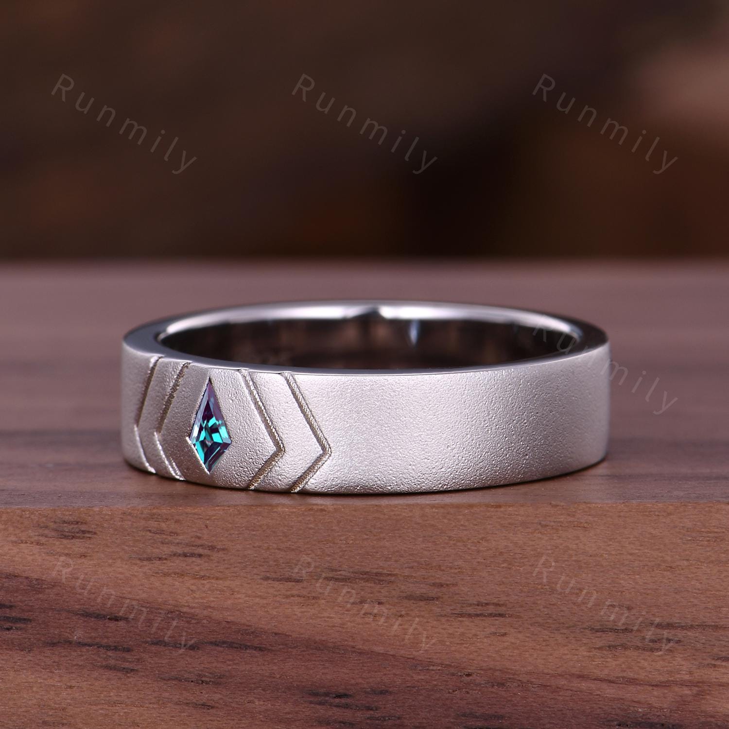 5mm Alexandrite Sandblasted Wedding Ring, Mens Kite Cut Alexandrite Band, Unique Engagement Ring Band For Him, Mens Wedding Band, His Ring