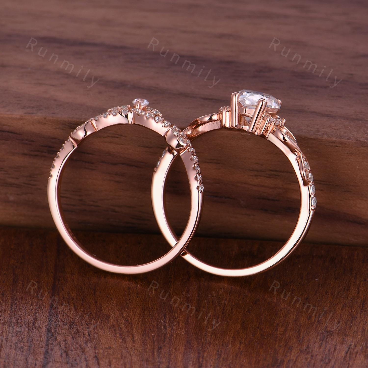 Pear Cut Moissanite Engagement Ring Set Unique Rose Gold Bridal Ring Set Diamond Cluster Wedding Curved Stacking Band Promise ring set